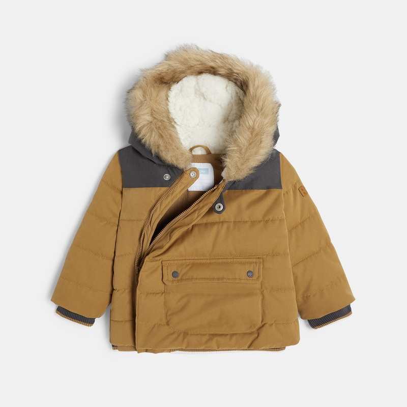 Manteau matelassé polaire à capuche bordée marron bébé garçon