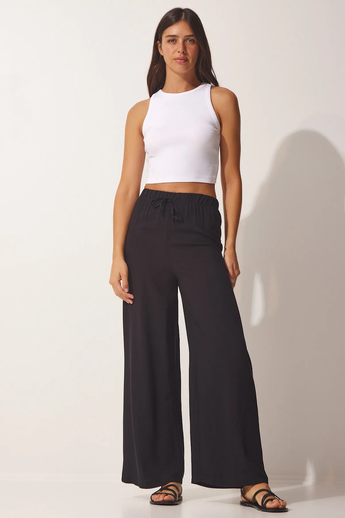 Happiness İstanbul  Schwarze Palazzo-Hose aus Baumwollviskose für Damen BV00076