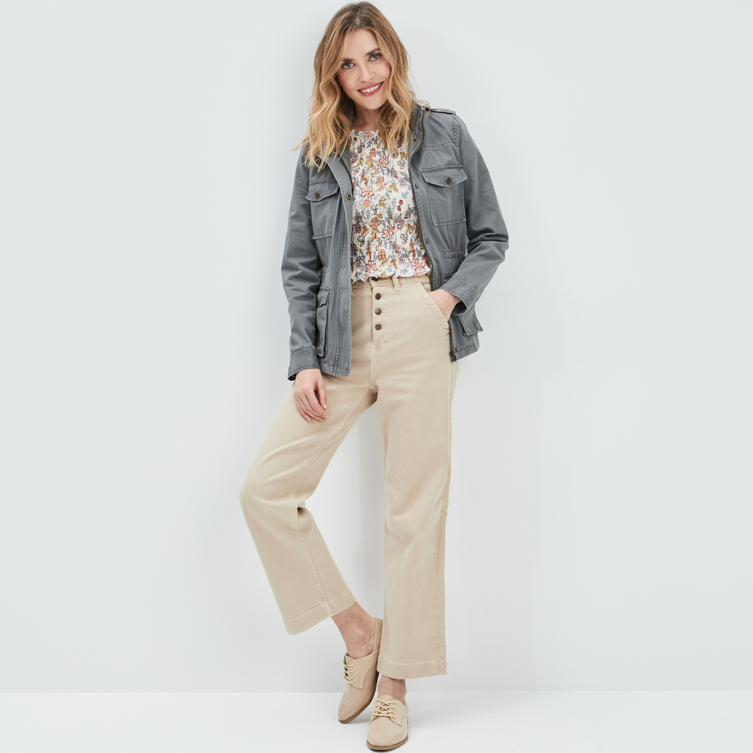 Pantalon jambe large 7 8ème boutonné sable femme | La Halle