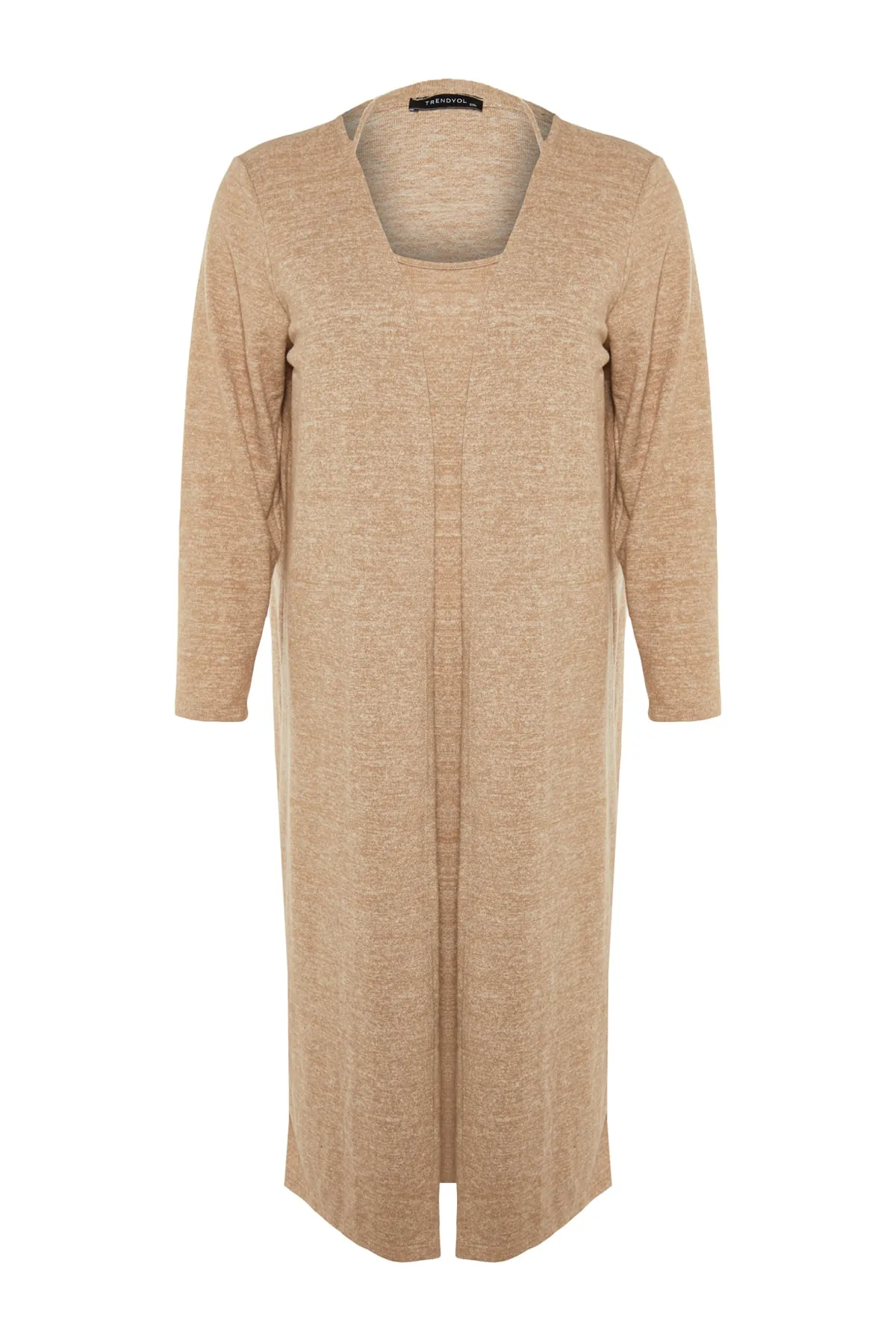 Trendyol Curve  Beigefarbenes, weiches Cardigan-Kleid-Strick-2-teiliges Set TBBAW23AH00004