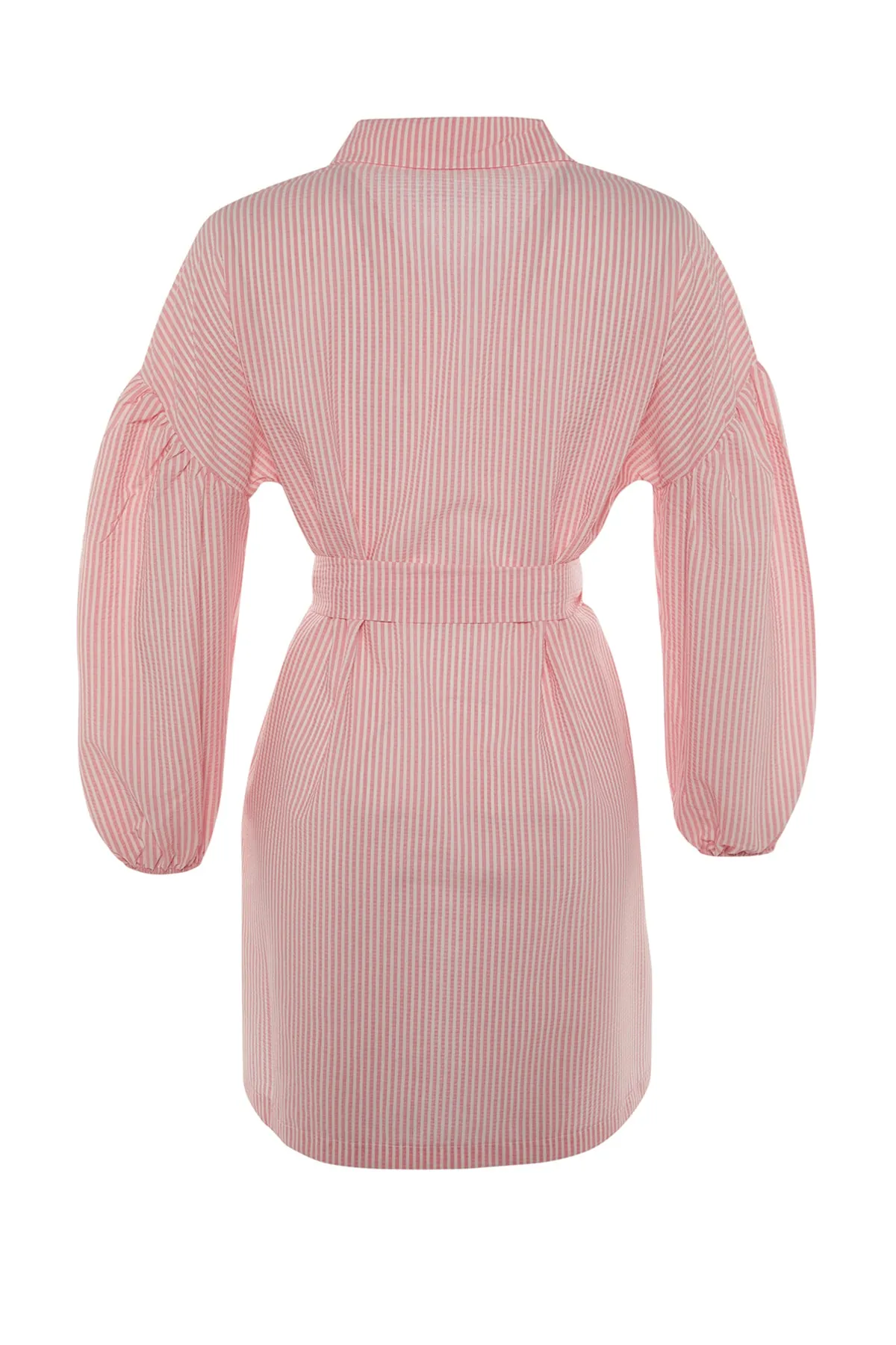 Trendyol Modest  Rosa gestreiftes, gewebtes Hemd mit Ballonärmeln und langem Rücken, Gürtel TCTSS22GO0116