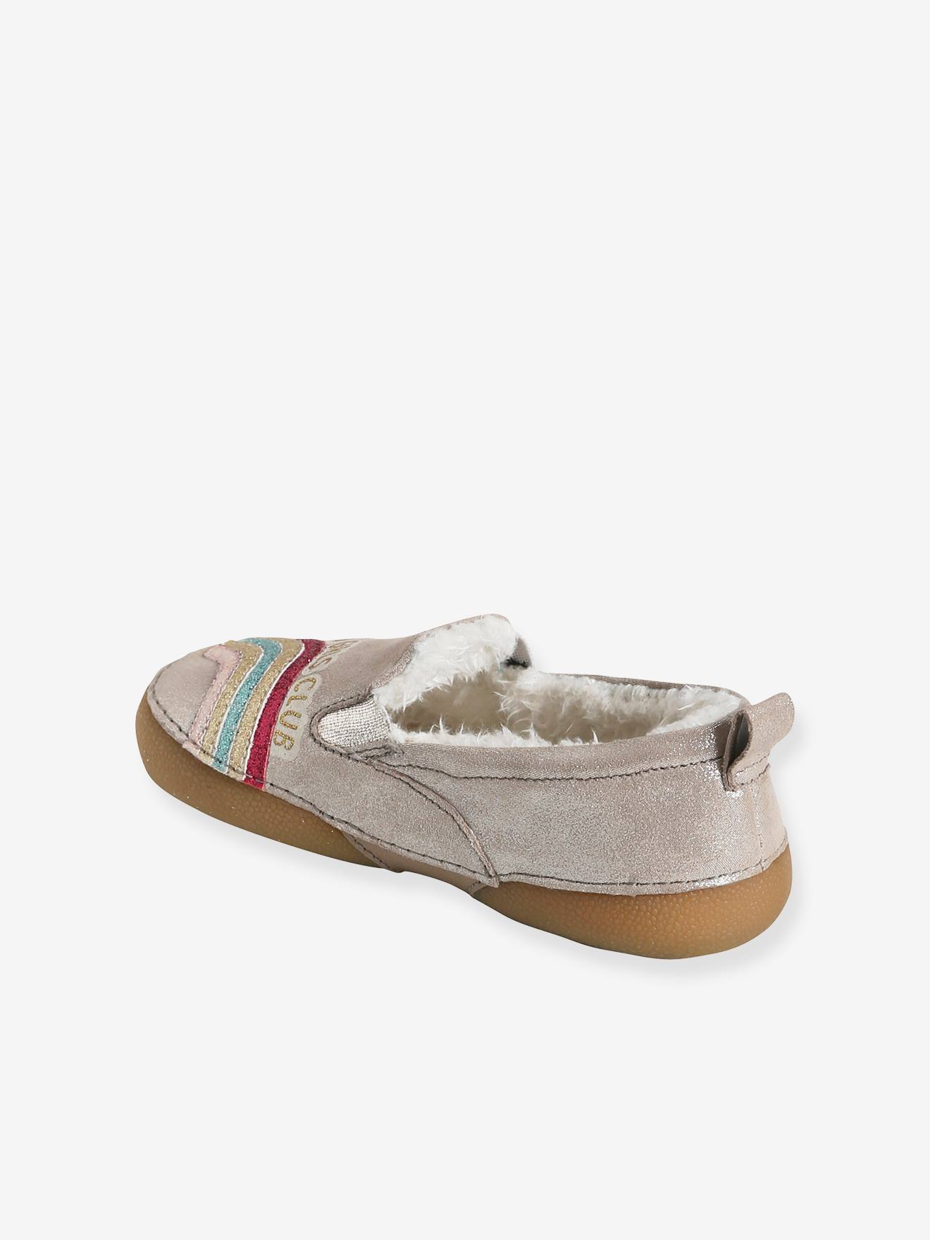 Chaussons fourrés élastiqués fille en cuir beige pailleté