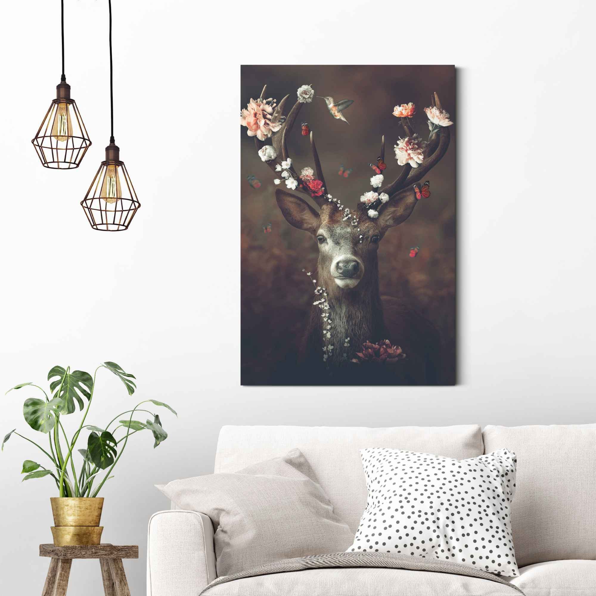 Reinders! Wandbild Hirsch Romantisch - Kolibri - Schmetterling - Blumenkranz, Hirsche (1 St)