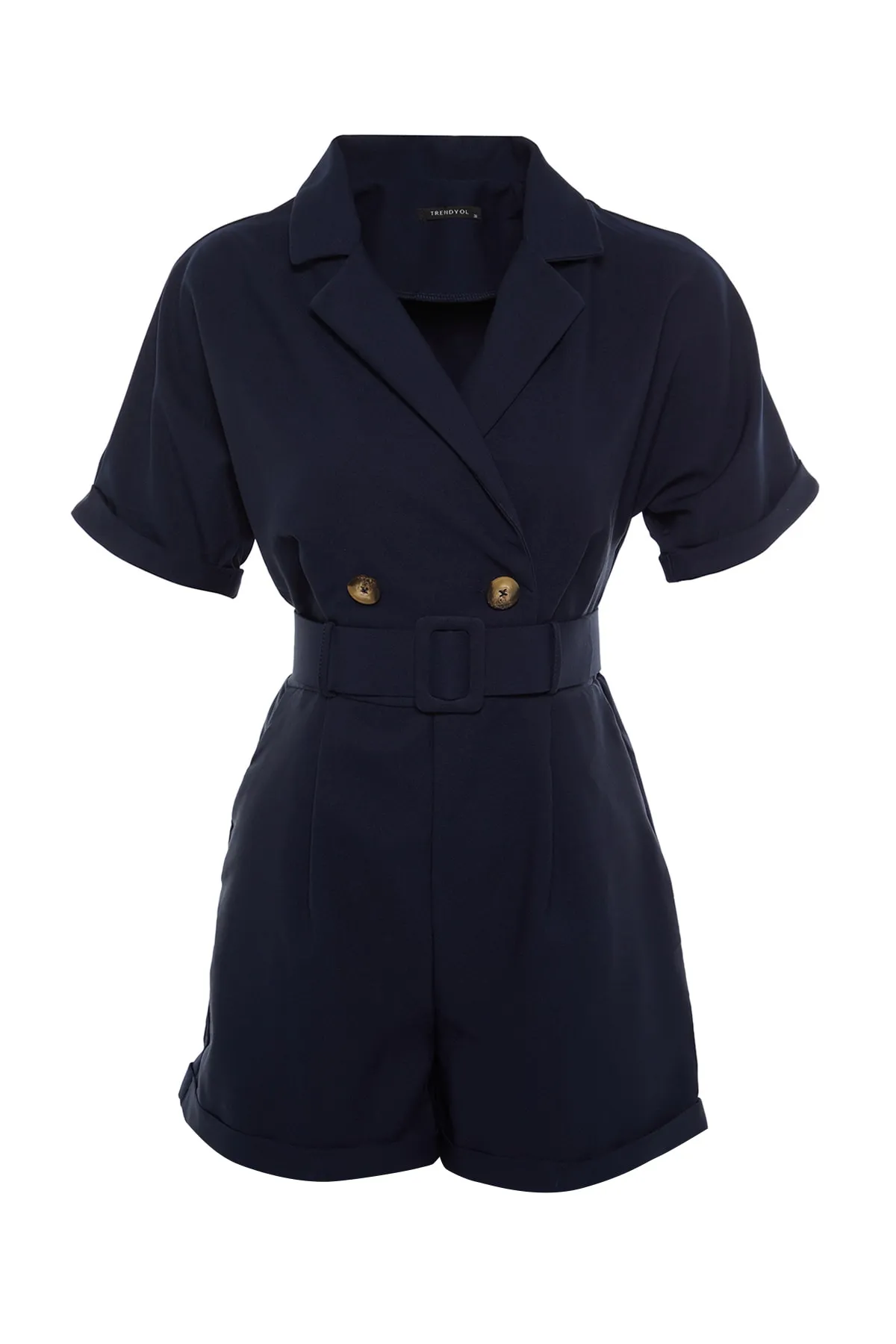 Trendyol Collection  Marineblauer Mini-Weboverall mit Gürtel und Froschkragen TWOSS19WX0112