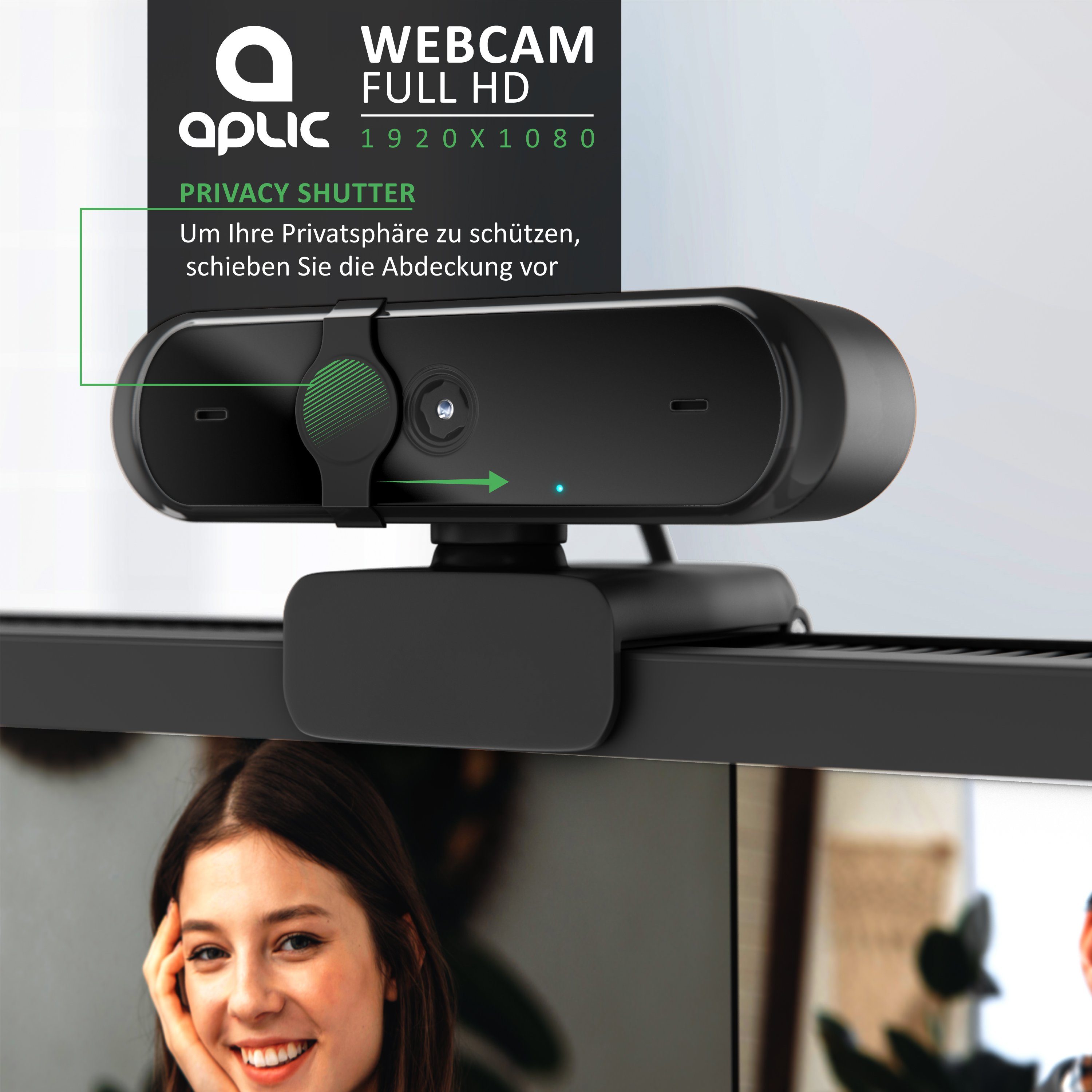 Aplic Full HD-Webcam (FHD; 1080p; 1920 x 1080, Mikrofon, Abdeckung, Sichtschutz, Autofokus. Low Light, für PC & MAC)