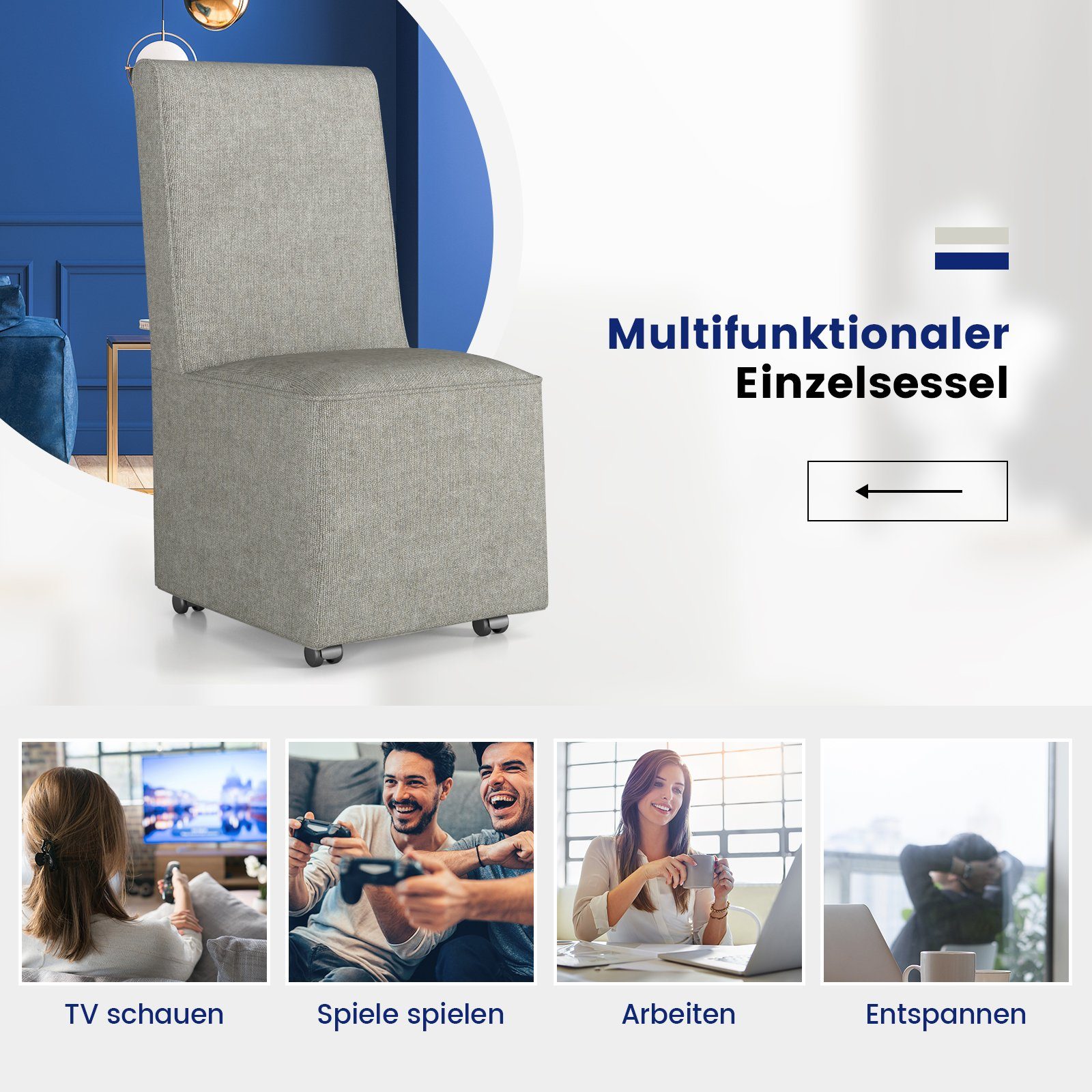 COSTWAY Polsterstuhl, mit Rollen & abnehmbarem Bezug, 47x60,5x98cm, grau
