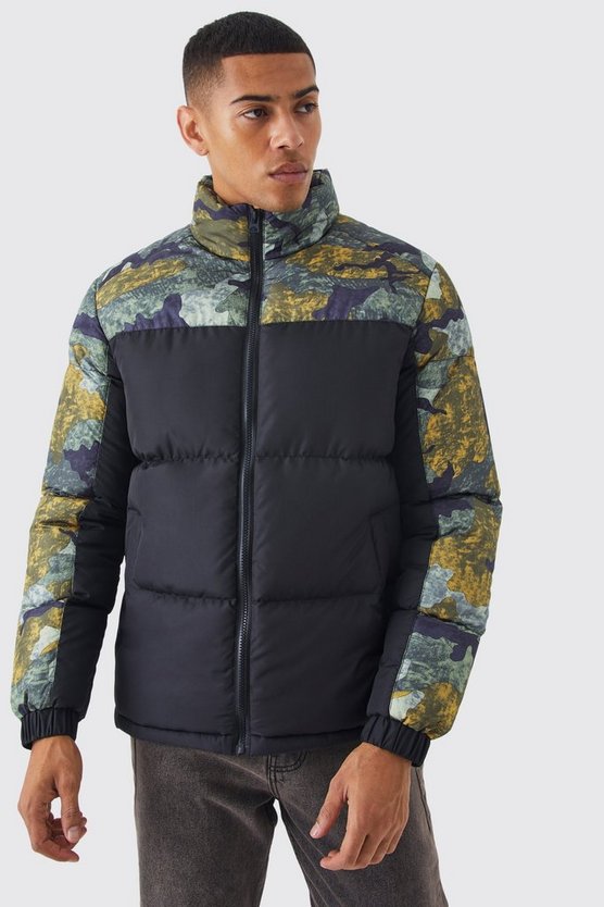Camouflage Colorblock Steppjacke mit Trichterkragen