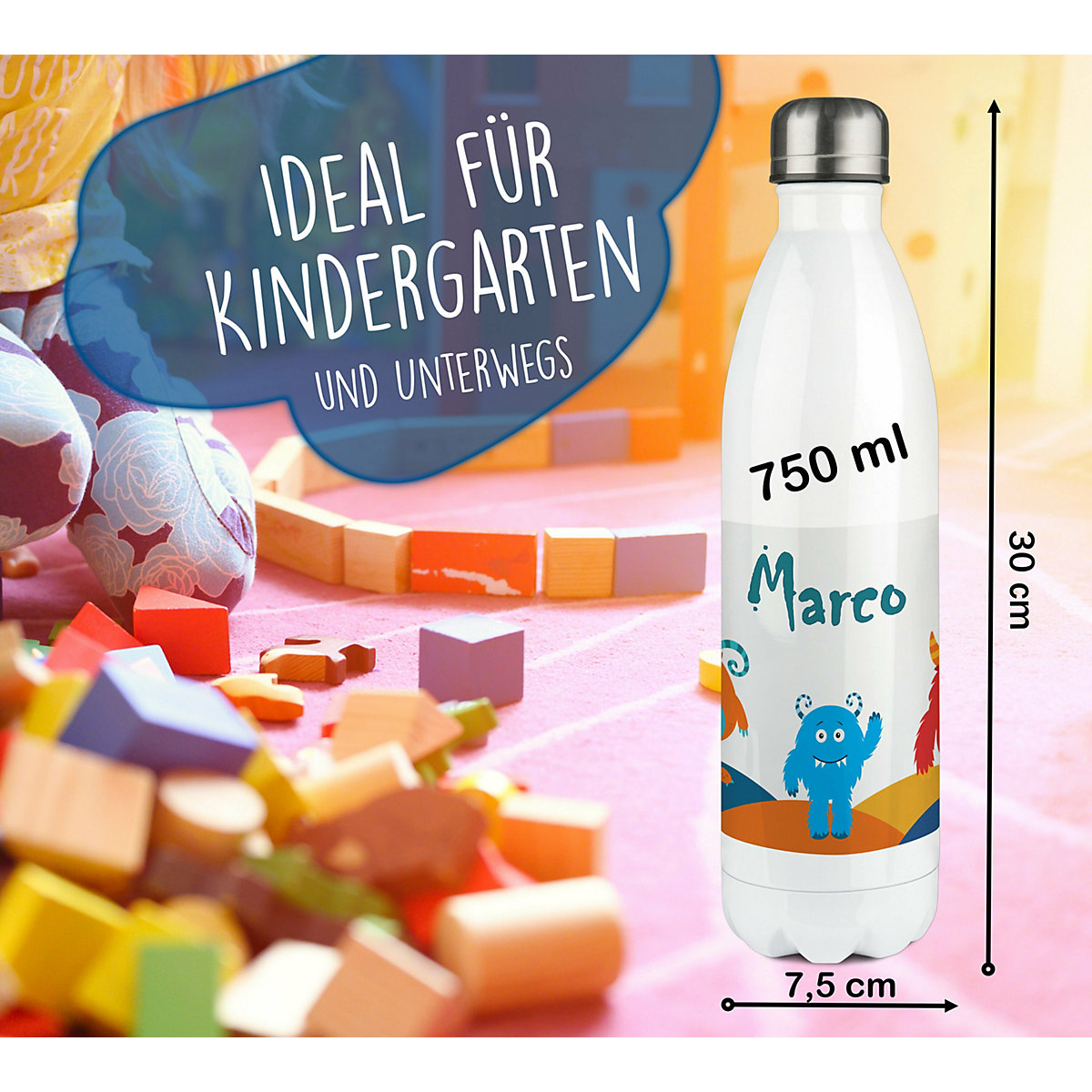 Edelstahl Kinder Thermoflasche / Trinkflasche bunt Monsterhügel Spülmaschinenfest, Auslaufsicher, Bruchfest, Doppelwandig, Für Heißgetränke geeignet, Mit Deckel, Isoliert