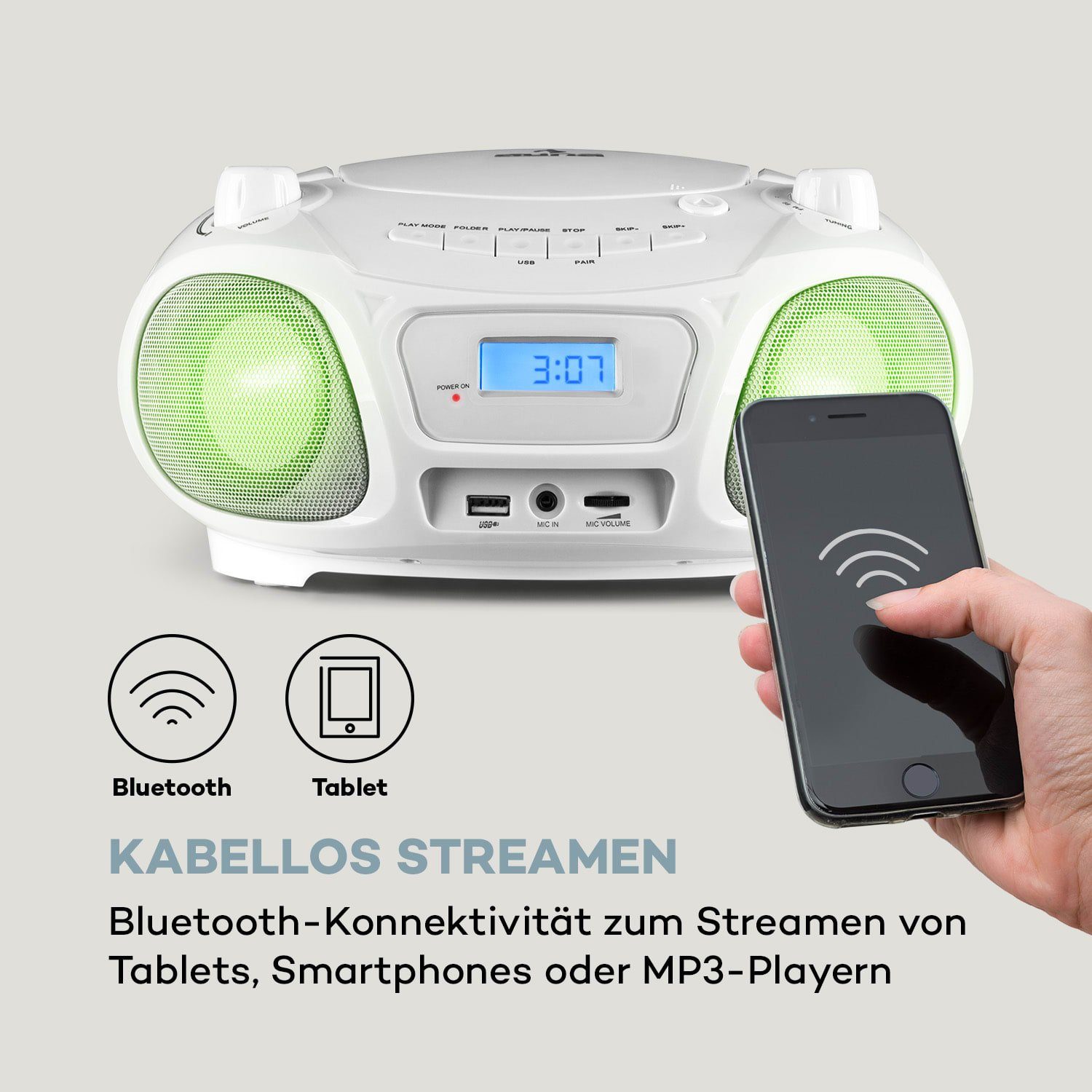 Auna Roadie Sing CD Boombox Stereoanlage (FM-Radio, Kinder CD Player tragbar Musikbox Bluetooth CD Spieler Radio Soundbox)