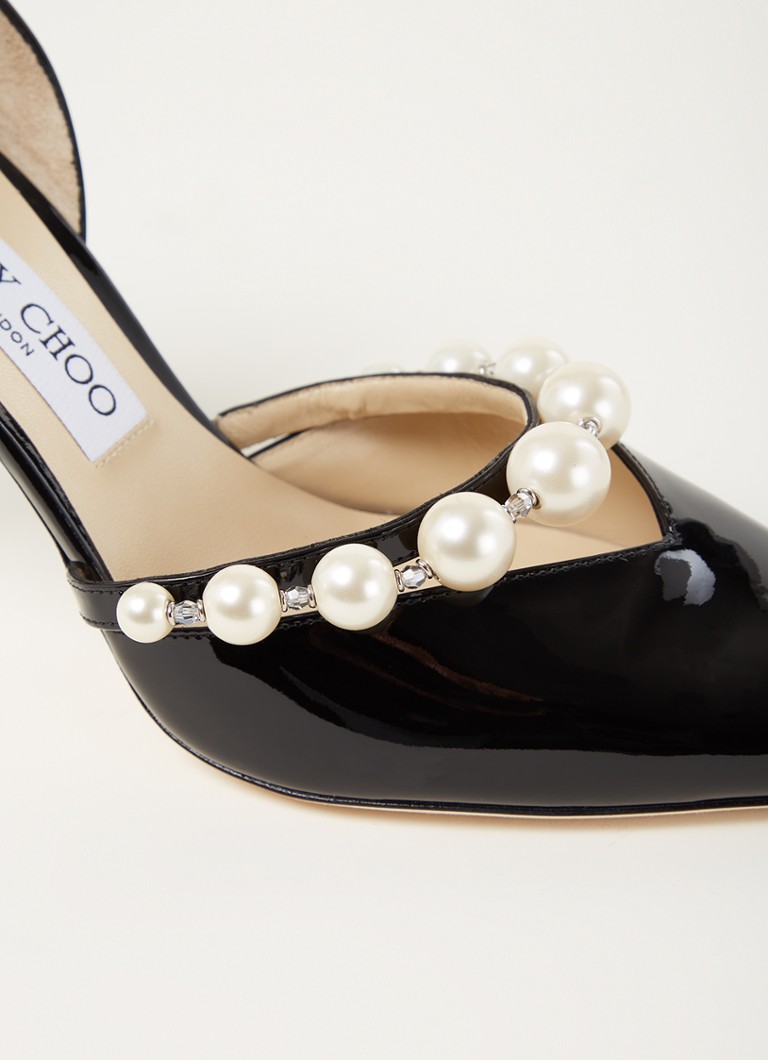 Sandale Jimmy Choo Aurelie din piele lăcuită, împodobite cu cristale.
