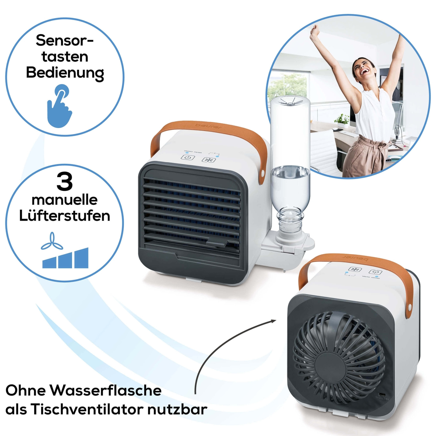 Beurer LV 50 Fresh Breeze Tischventilator/-kühler-Kompakter Ventilator mit praktischem Tragegriff, Luftkühlung & Luftbefeuchtung