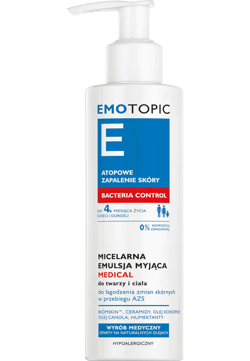 Emotopic bakterijų kontrolės medicininė micelinė valomoji emulsija veidui ir kūnui