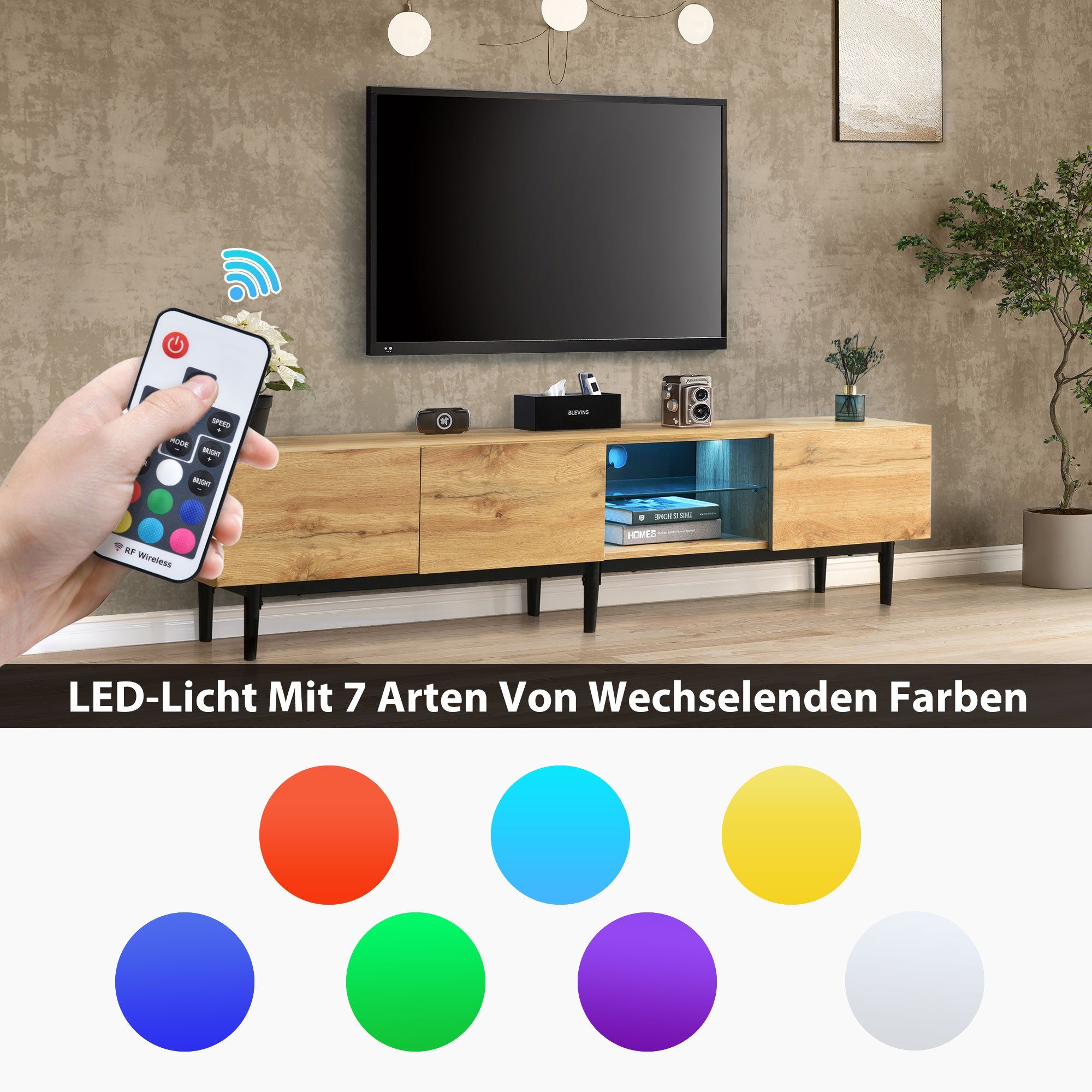 HAUSS SPLOE TV-Schrank TV-Lowboards TV Schrank Fernsehschrank TV-Tisch (mit Holzmaserung, variable LED-Leuchten) 7 Arten von LED-Leuchten, Verschiedene Funktionen