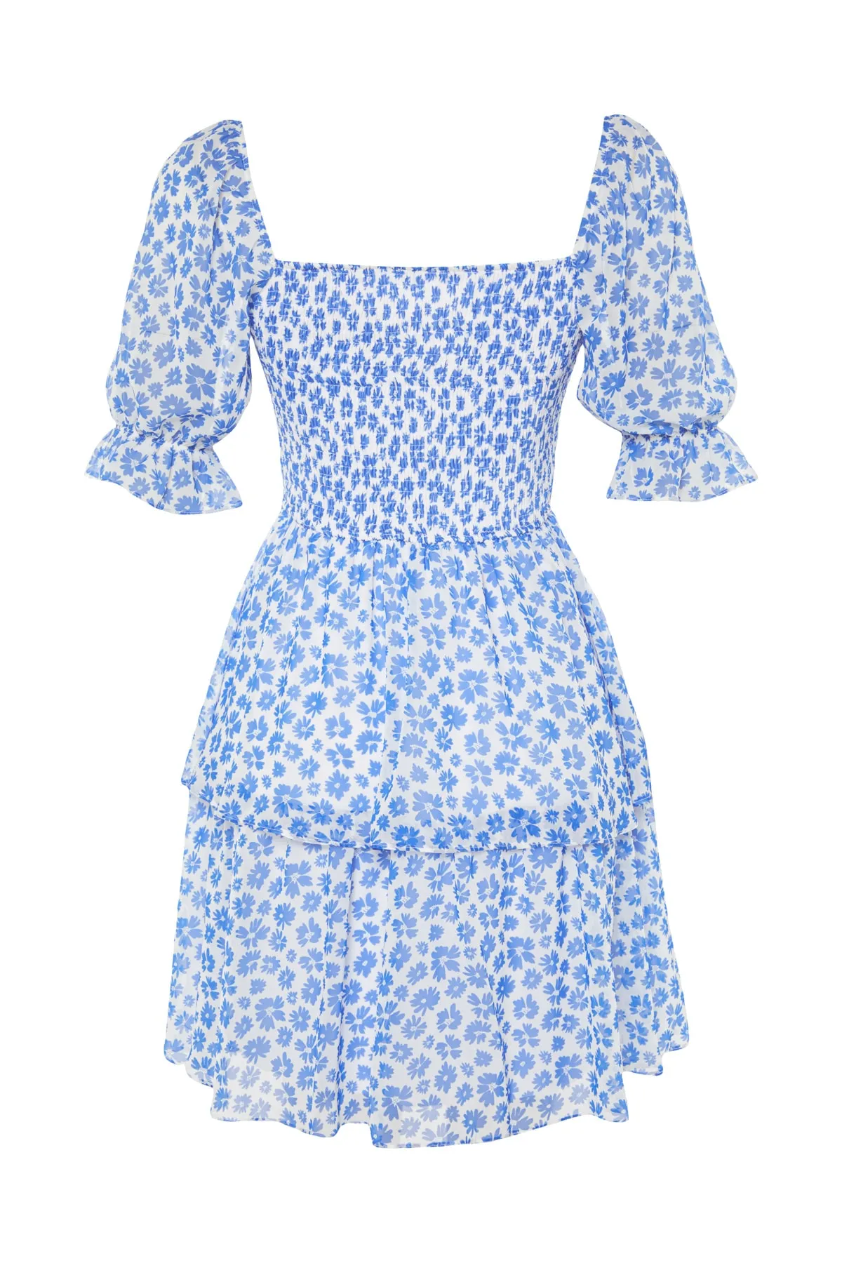 Trendyol Collection  Blaues Mini-Webkleid mit Volant-Chiffon-Futter und Blumenrock TWOSS22EL2772