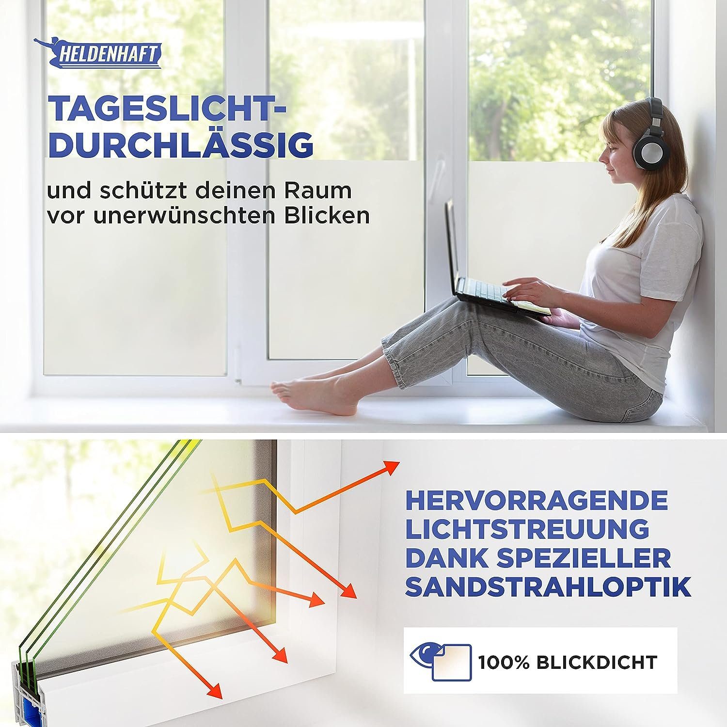 HELDENHAFT Sichtschutzfolie Fensterfolie Blickdicht - Milchglasfolie - Badfenster Sichtschutz, selbstklebende Fensterfolie, blickdicht, Sichtschutzfolie Fenster