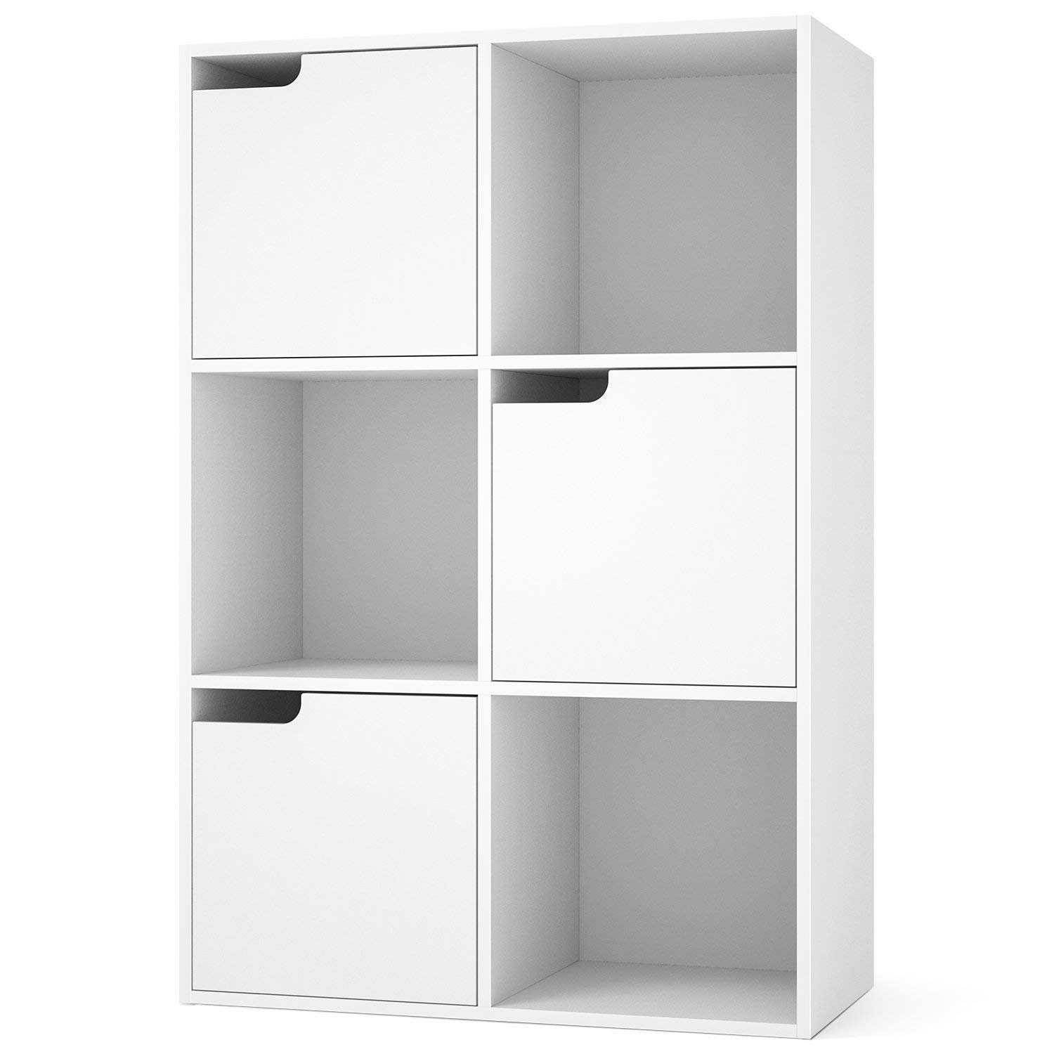 Homfa Bücherregal mit 3 Türen, Standregal, Regal Weiß aus Holz 60x29x90 cm