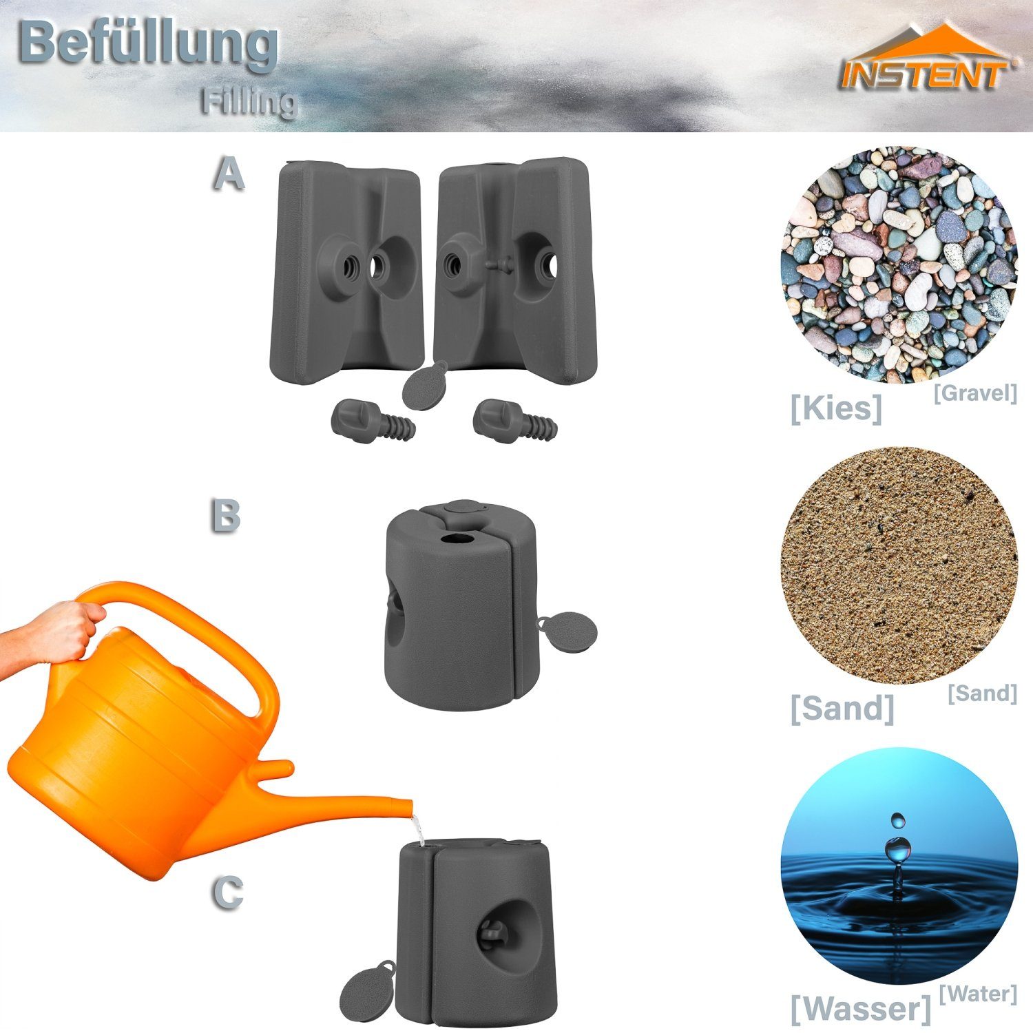 INSTENT Standfuß Pavillonstandfüße Beschwerungsgewicht (Set, 4 St., 4er Set), Wasser Sand befüllbar, Stabilisation für Pavillons, Farbwahl