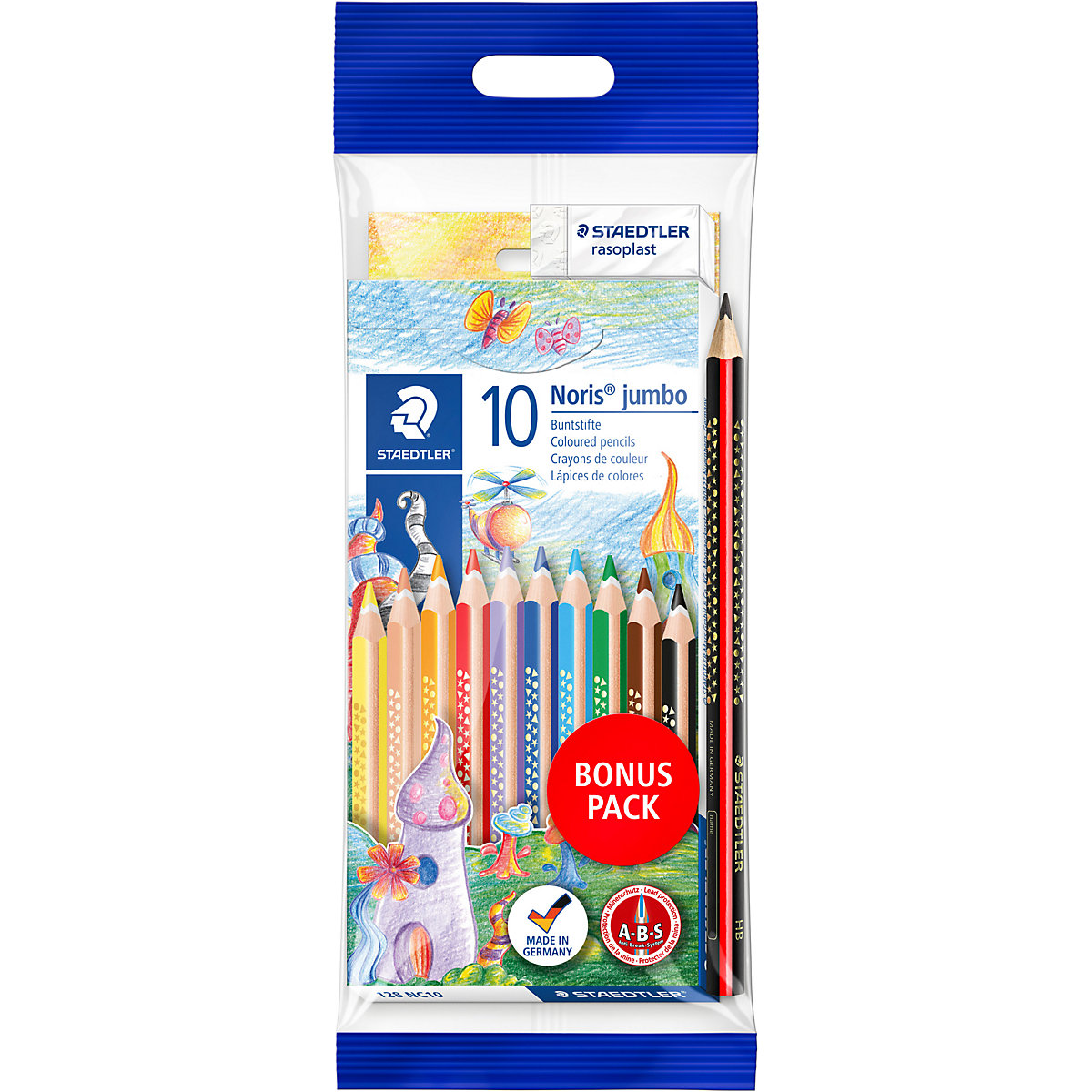 Dreikant-Jumbo-Buntstifte Noris® , 10 Farben, inkl. Bleistift & Radierer
