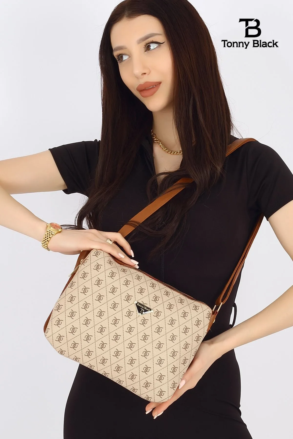 Tonny Black  Original Damen-Umhängetasche mit Reißverschluss und 3 Fächern aus weichem Leder, stilvolles Modell mit verstellbarem Kreuzriemen