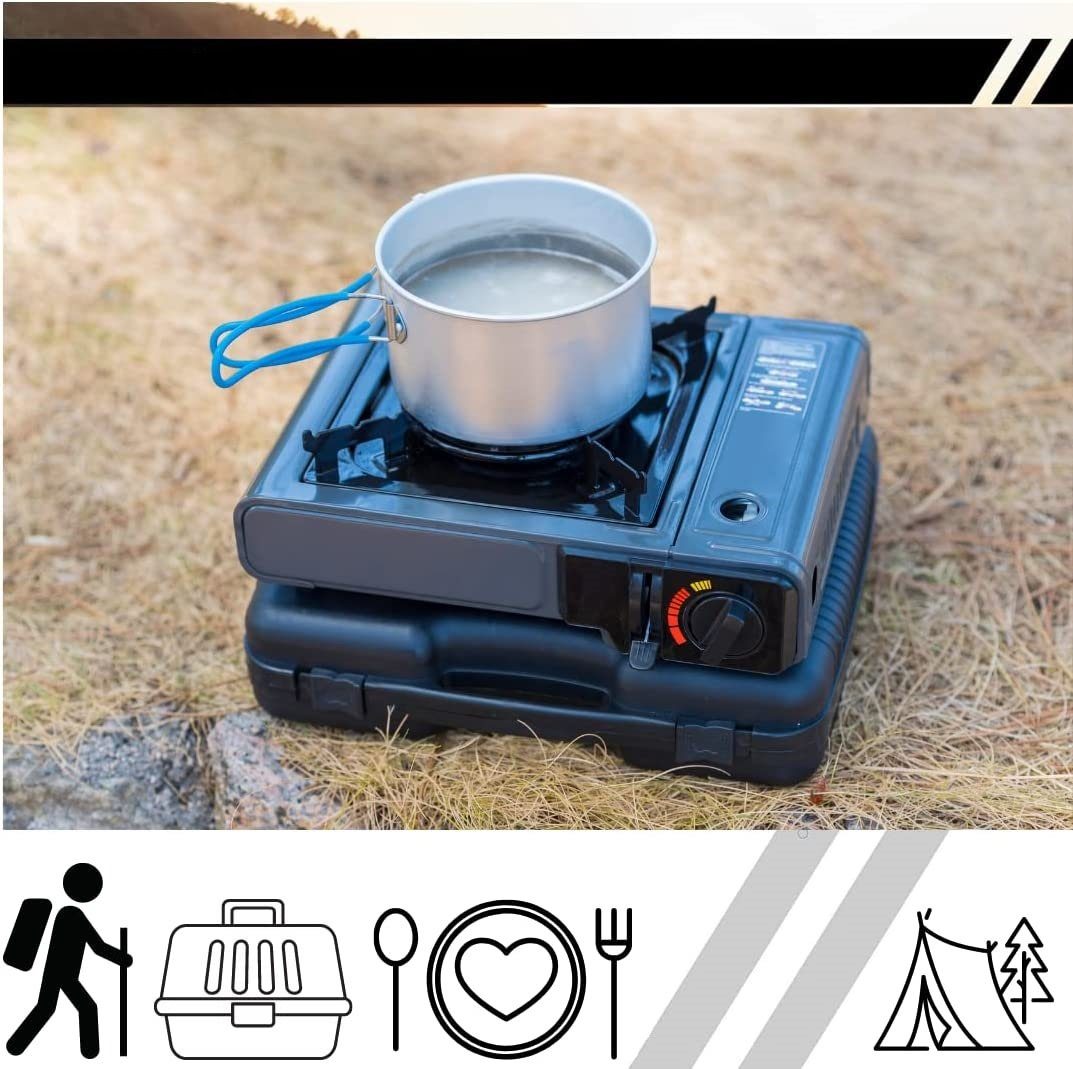 JUNG Gaskocher mobiler Campingkocher Gaskocher + 4 Kartuschen Gas, Autark verwendbar, (Gaskocher Notfall, Kartuschenkocher, Butangaskocher, praktischem Transportkoffer, erhitzen & aufwärmen Lebensmittel), mobiler Gaskocher, Outdoor geeignet Camping K