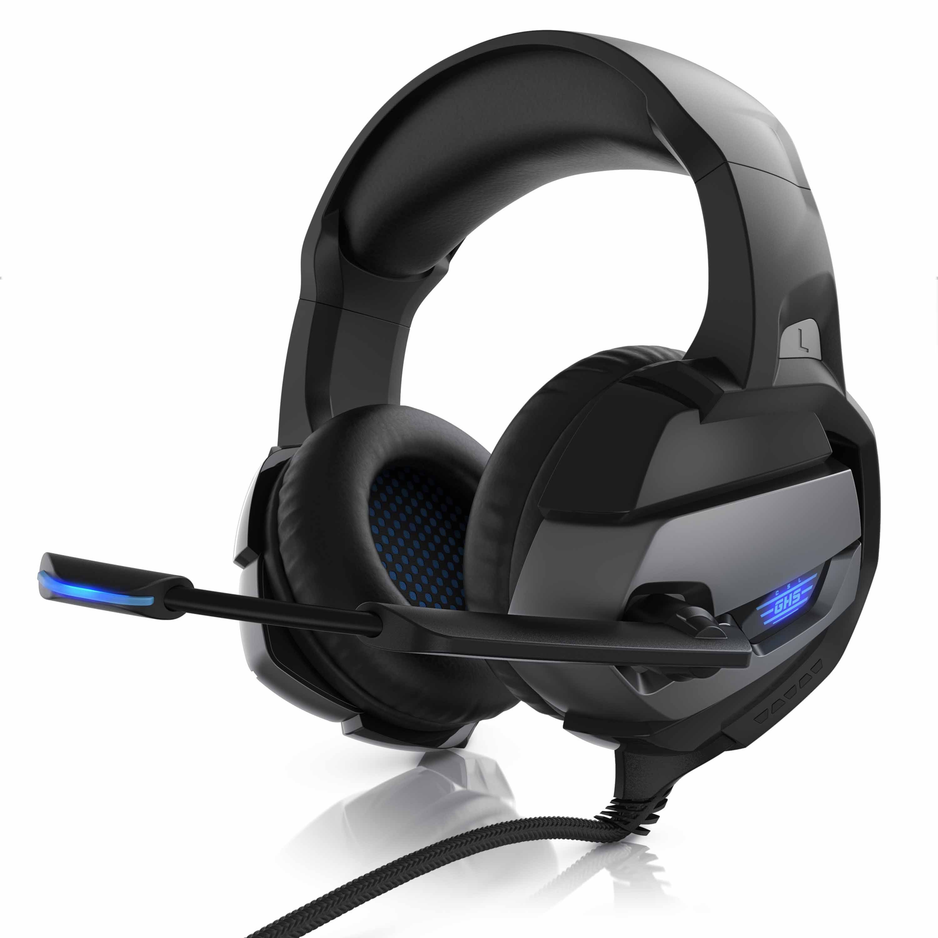 CSL Gaming-Headset (Blaue LED-Beleuchtung; Kopfbügel variabel verstellbar; Bietet kristallklaren Hoch-, Mittel- und Tieftonbereich + dynamische Basswiedergabe, Gaming Headset 