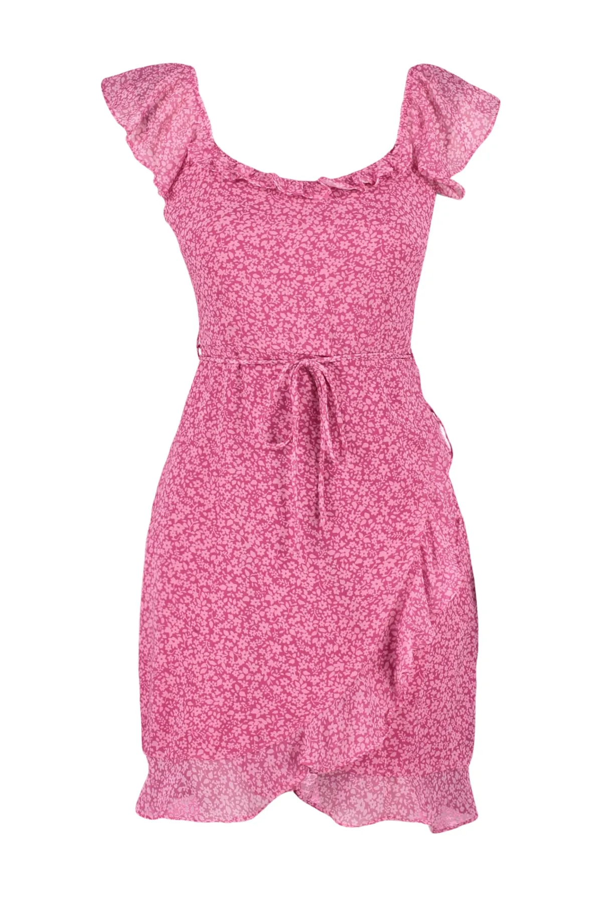 Trendyol Collection  Fuchsiafarbenes, zweireihiges, gefüttertes Mini-Webkleid mit Rüschen TWOSS23EL01781