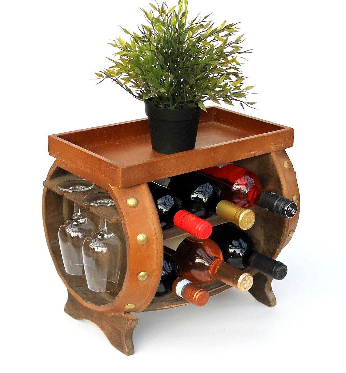 DanDiBo Weinregal Weinregal Holz Weinfass Braun 33 cm 9064 Bar Flaschenregal Flaschenständer Klein Fass Holzfass mit Glashalter