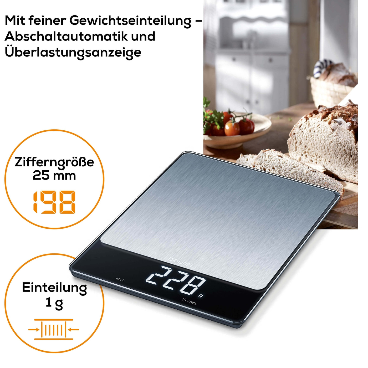 Beurer KS 34 XL Stainless Steel Küchenwaage-Edle XL Küchenwaage im Edelstahl-Design mit Magic-Display bis 15 kg