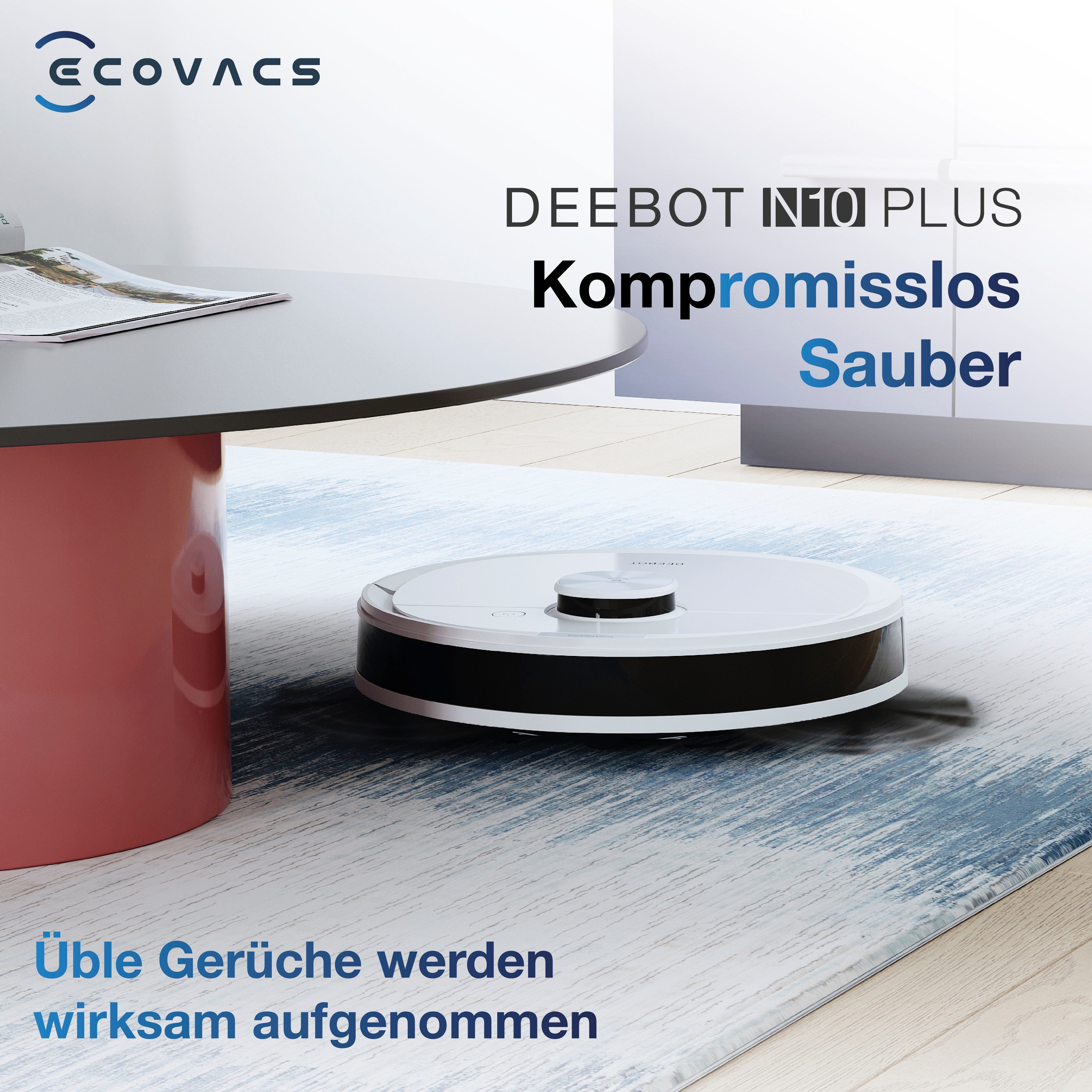 ECOVACS Nass-Trocken-Saugroboter DEEBOT N10 Plus, 4300PA, LiDAR Navigation, Absaugstation, für Hartboden, Teppich, Weiss