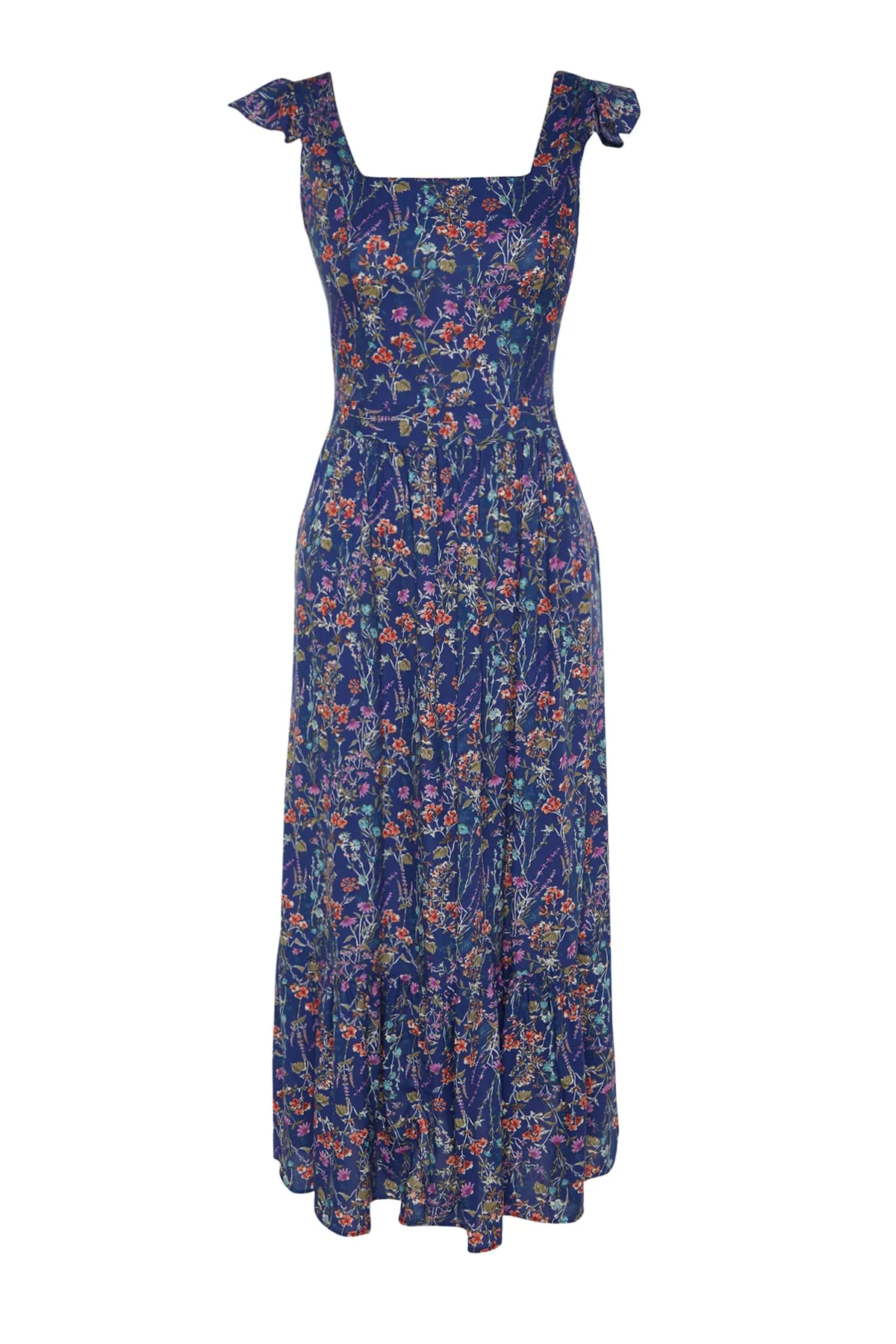 Trendyol Collection  Blaues A-Linien-Kleid aus gewebter Viskose mit Blumendruck und quadratischem Ausschnitt TWOSS20EL3331