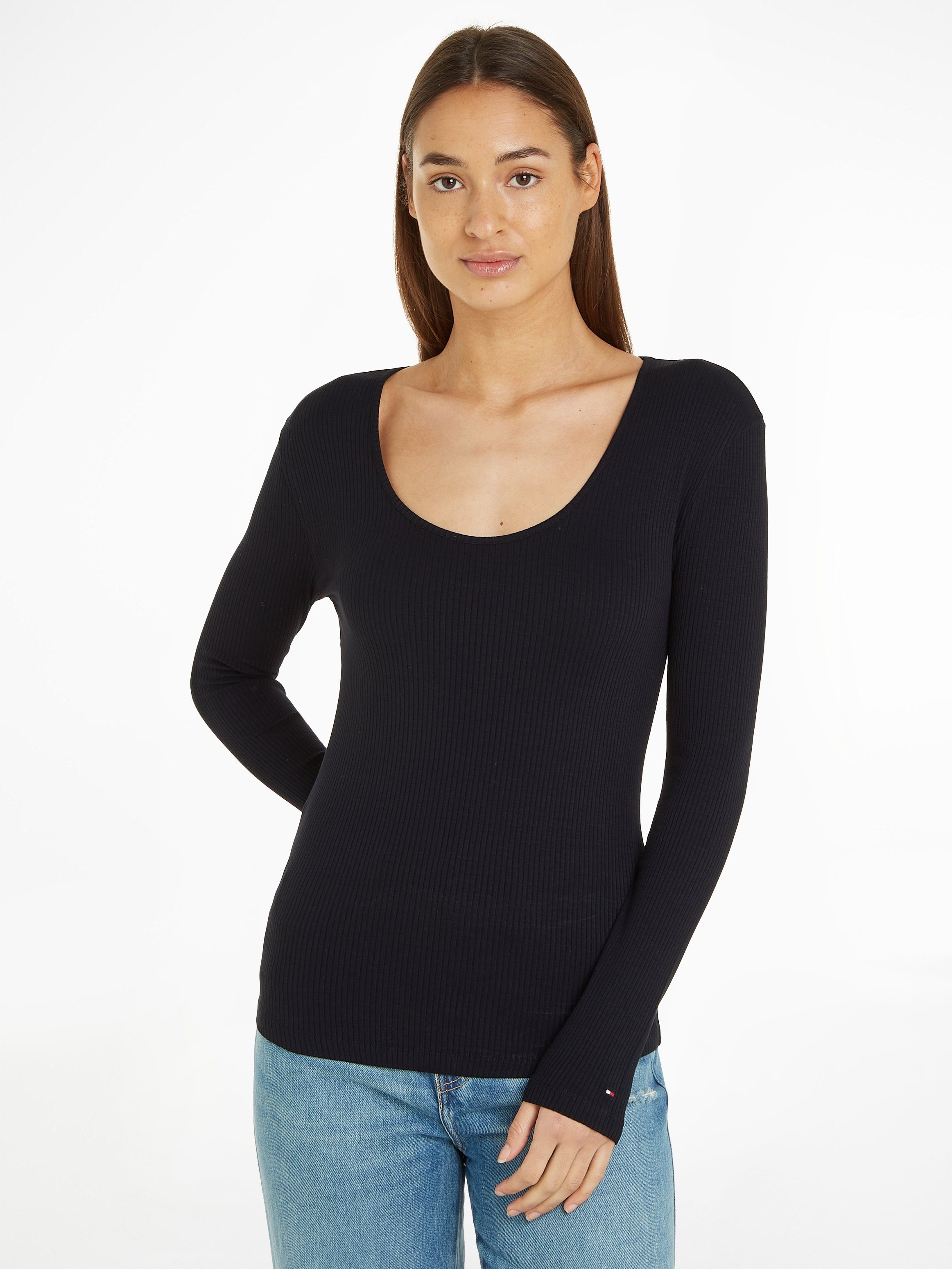 Tommy Hilfiger Langarmshirt SLIM 5X2 RIB SCOOP-NK LS mit Logostickerei