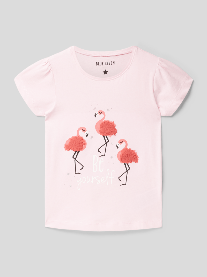 T-Shirt mit Motiv-Print mit Rüschenapplikation in rosa