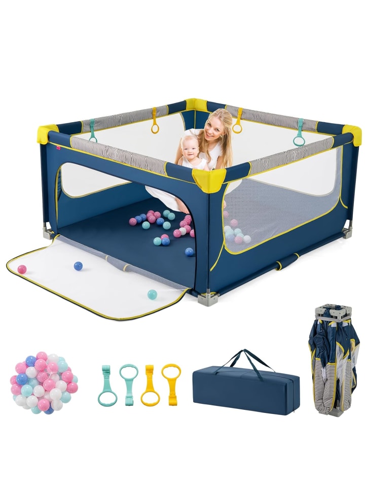 COSTWAY Laufgitter 150cm faltbar mit atmungsaktivem Netz & 50 Bälle in Blau günstig kaufen onesize