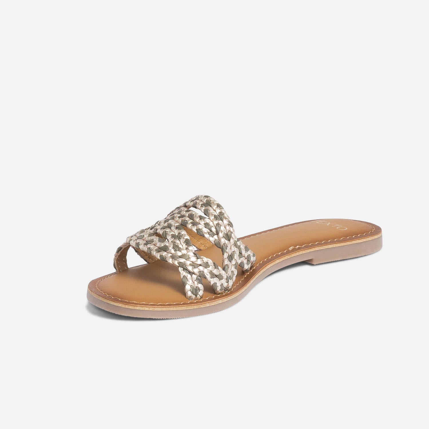 Mule TEXTO dorée et kaki en cuir et raphia tressé