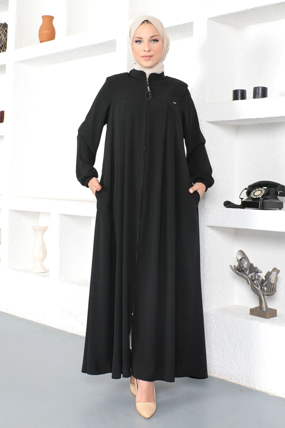 Tesettür Dünyası  Hijab Abaya mit elastischen Ärmeln Tsd230334 Schwarz