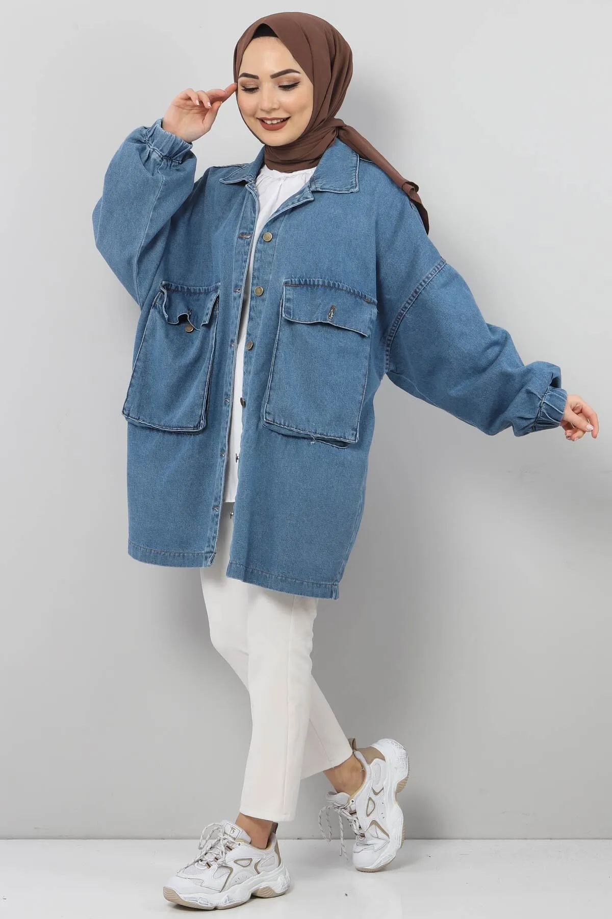 Tesettür Dünyası  Jeansjacke mit elastischen Ärmeln Tsd0088 Hellblau