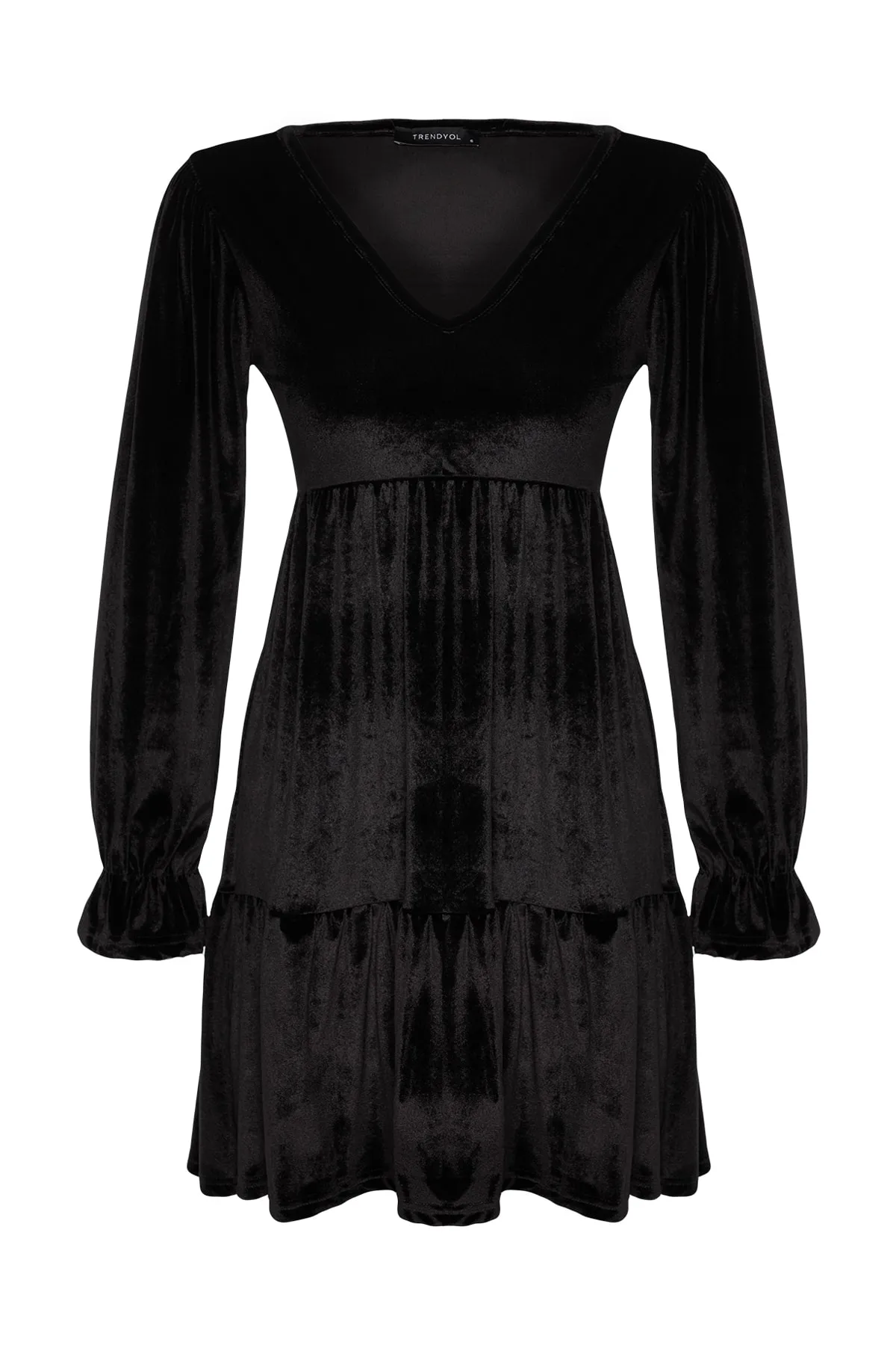 Trendyol Collection  Schwarzes Mini-Strickkleid aus Samt mit V-Ausschnitt und Skater-/Taillenausschnitt TWOAW24EL00381