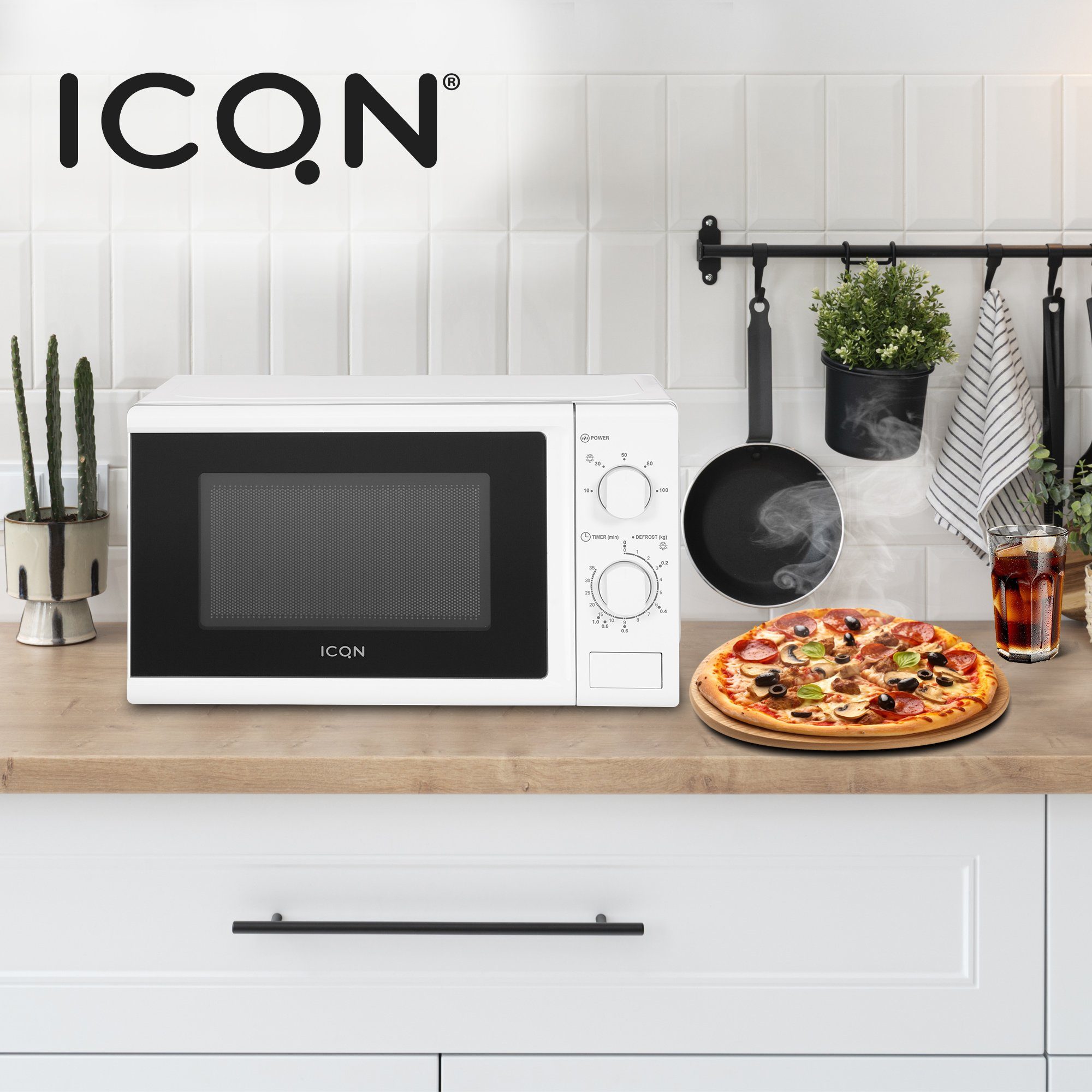 ICQN Mikrowelle 700 W, 5 Leistungsstufen, Solo-Mikrowelle, 20,00 l, kompakte Mikrowelle mit Edelstahl Innenraum, Weiß, inkl. Timer