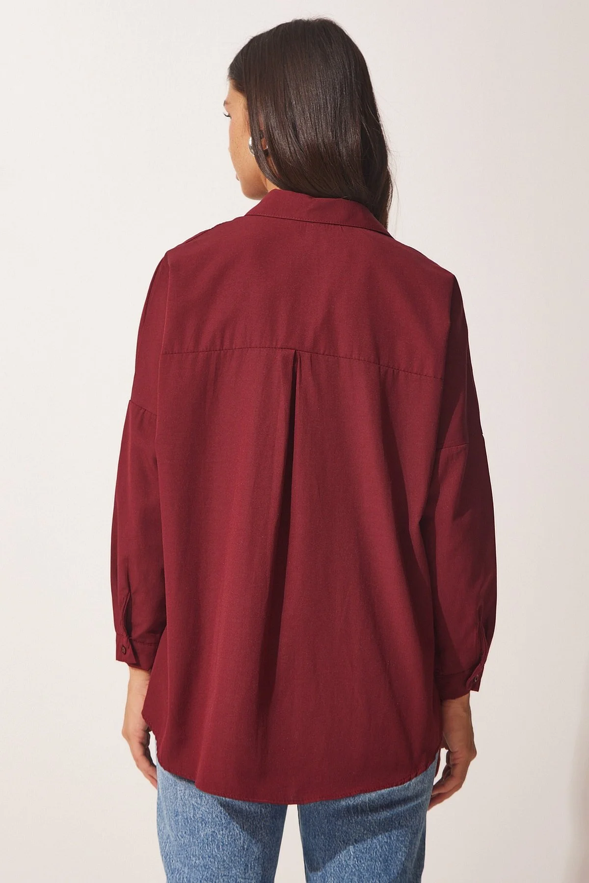 Happiness İstanbul  Burgunderrotes, langes Basic-Shirt für Damen in Übergröße DD00842