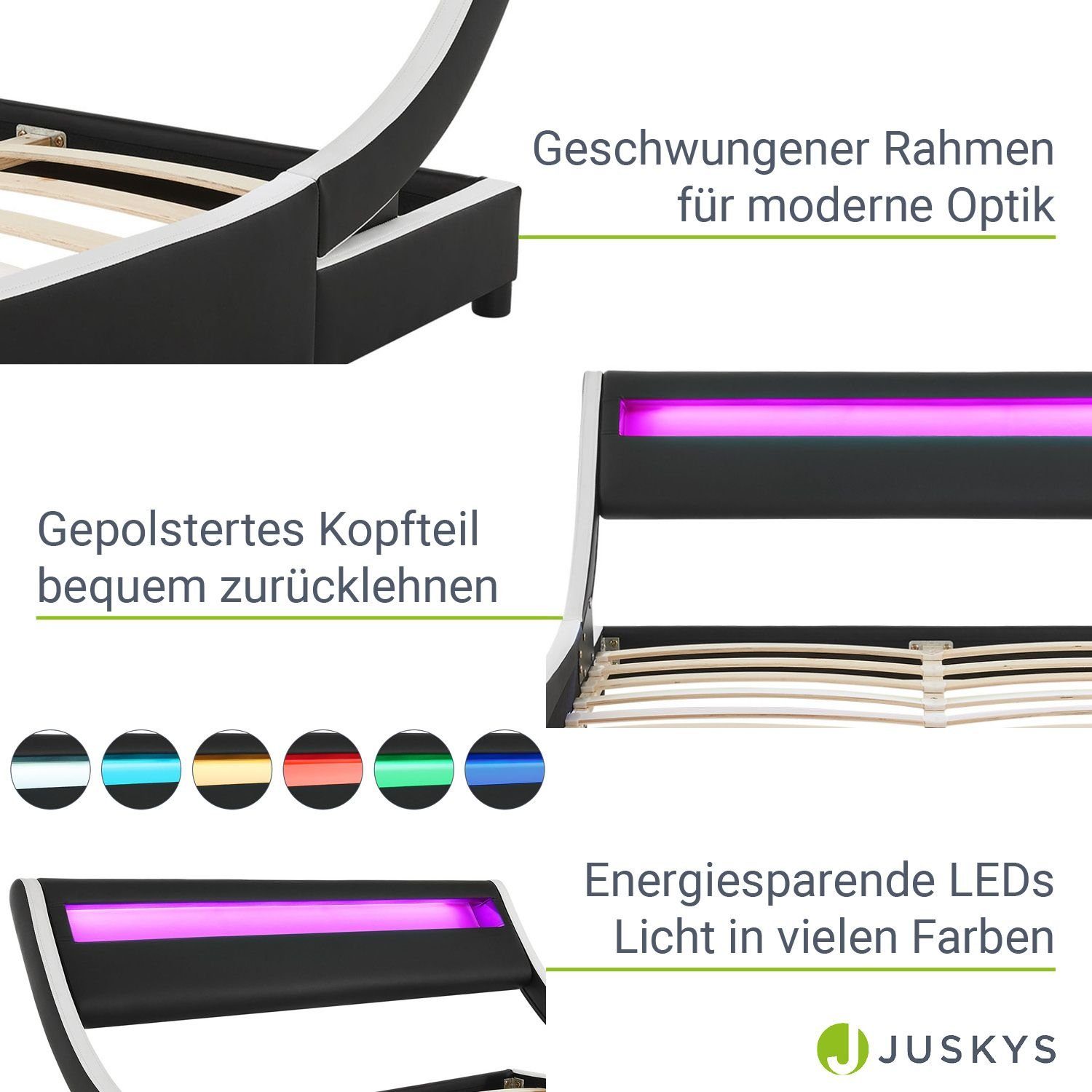 Juskys Polsterbett Valencia, 140 x 200 cm, Doppelbett mit Lattenrost, LED-Beleuchtung und Fernbedienung