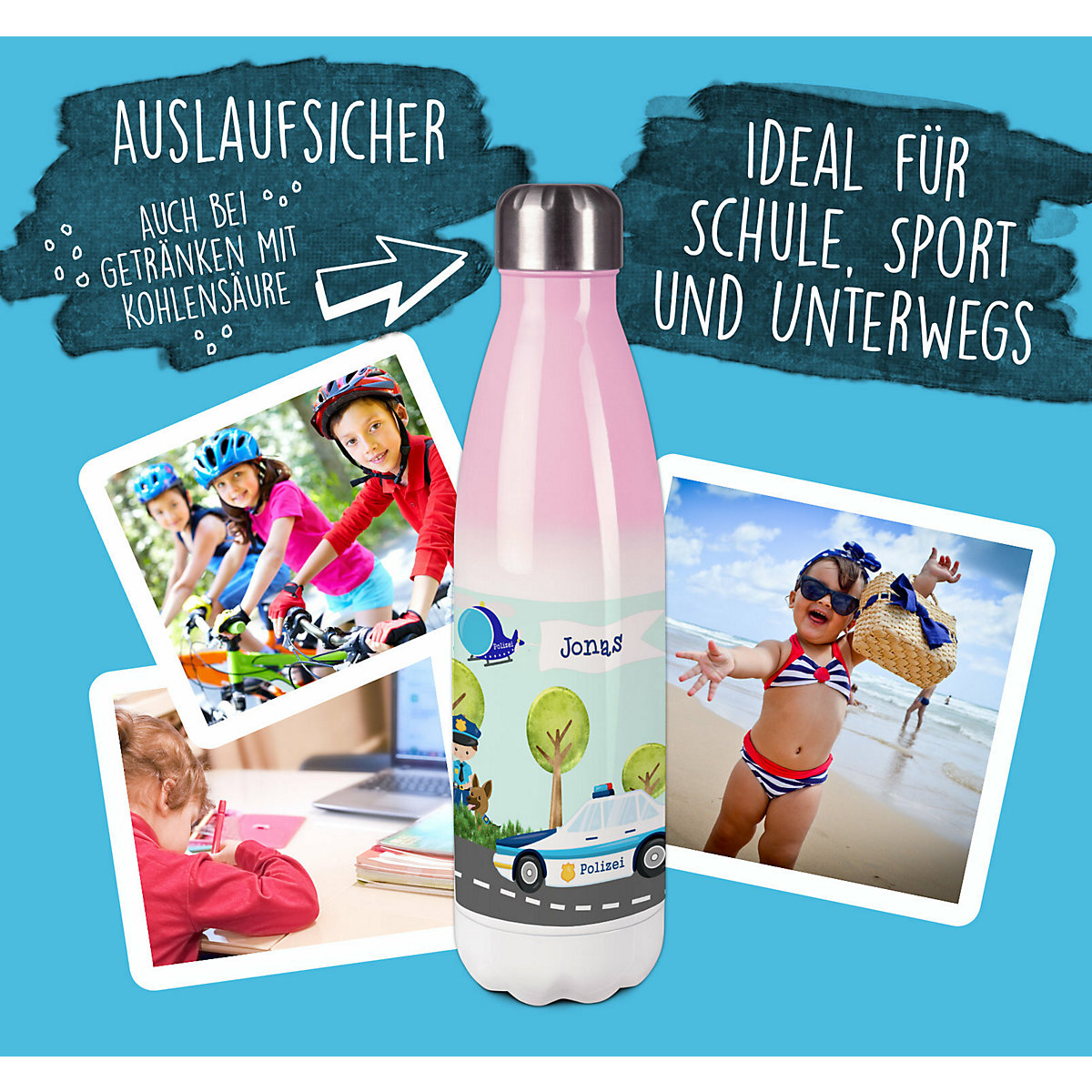Edelstahl Kinder Thermoflasche / Trinkflasche bunt Polizei Spülmaschinenfest, Auslaufsicher, Bruchfest, Doppelwandig, Für Heißgetränke geeignet, Mit Deckel, Isoliert
