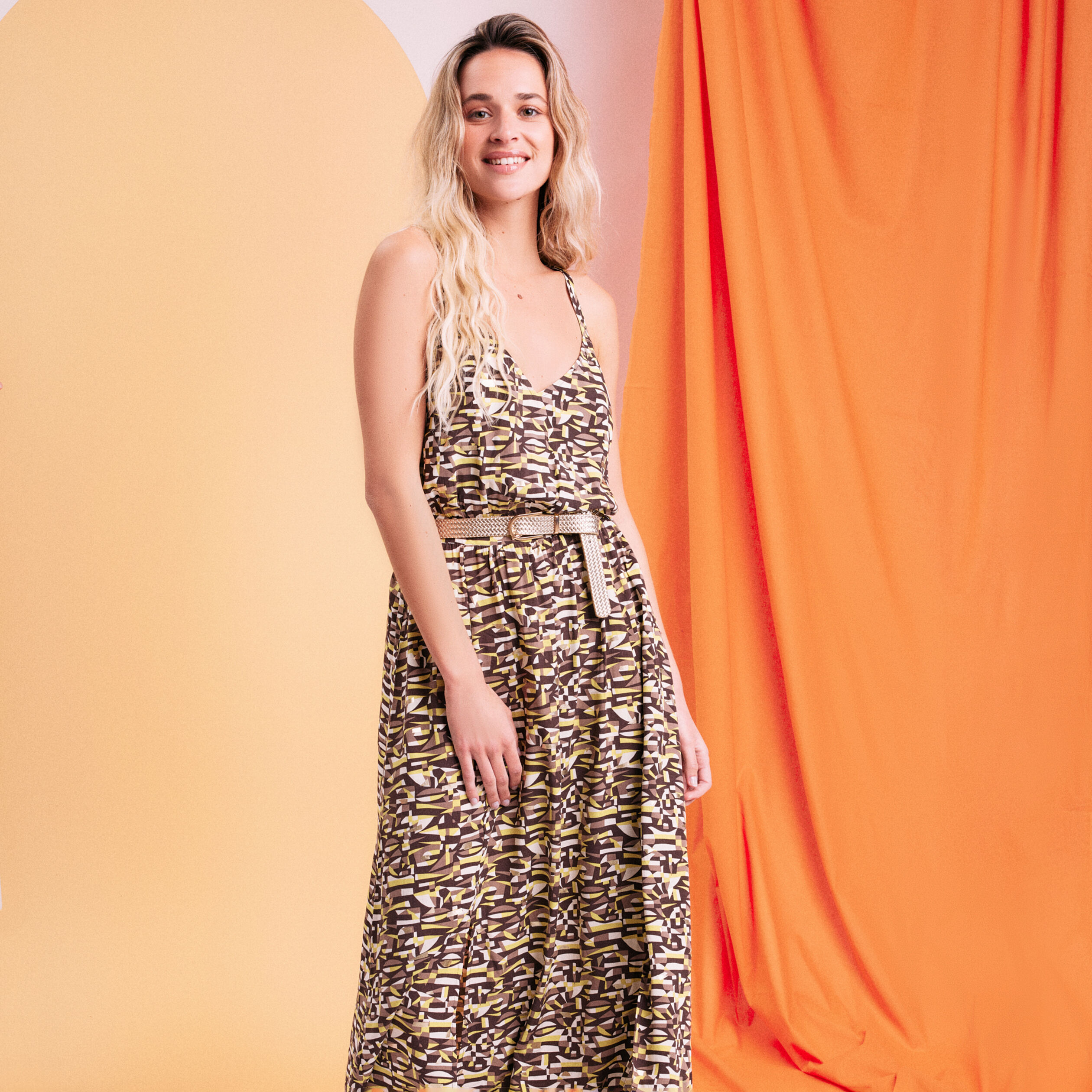 Robe longue évasée fendue marron femme | Cache Cache