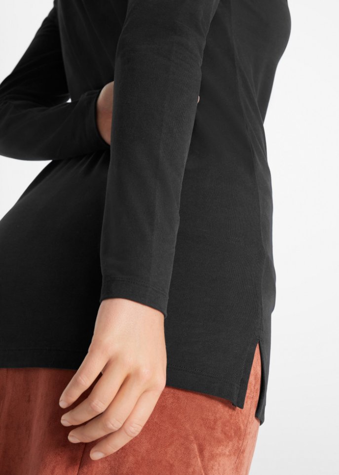 Baumwoll-Stretch-Longshirt mit Rollkragen und Seitenschlitz, Soft-Touch