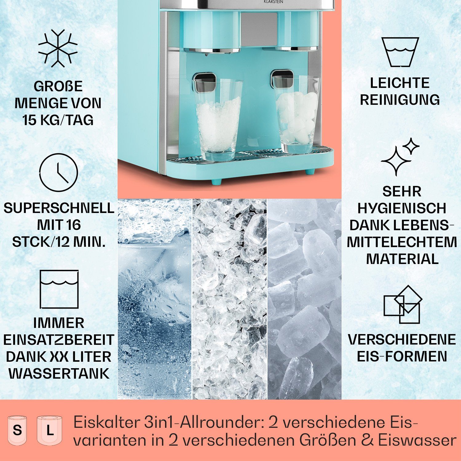 Klarstein Eiswürfelmaschine Eiszeit Crush, Eiswürfelmaschine mit Crushed Ice Eiswürfelbereiter Ice Cube Maker