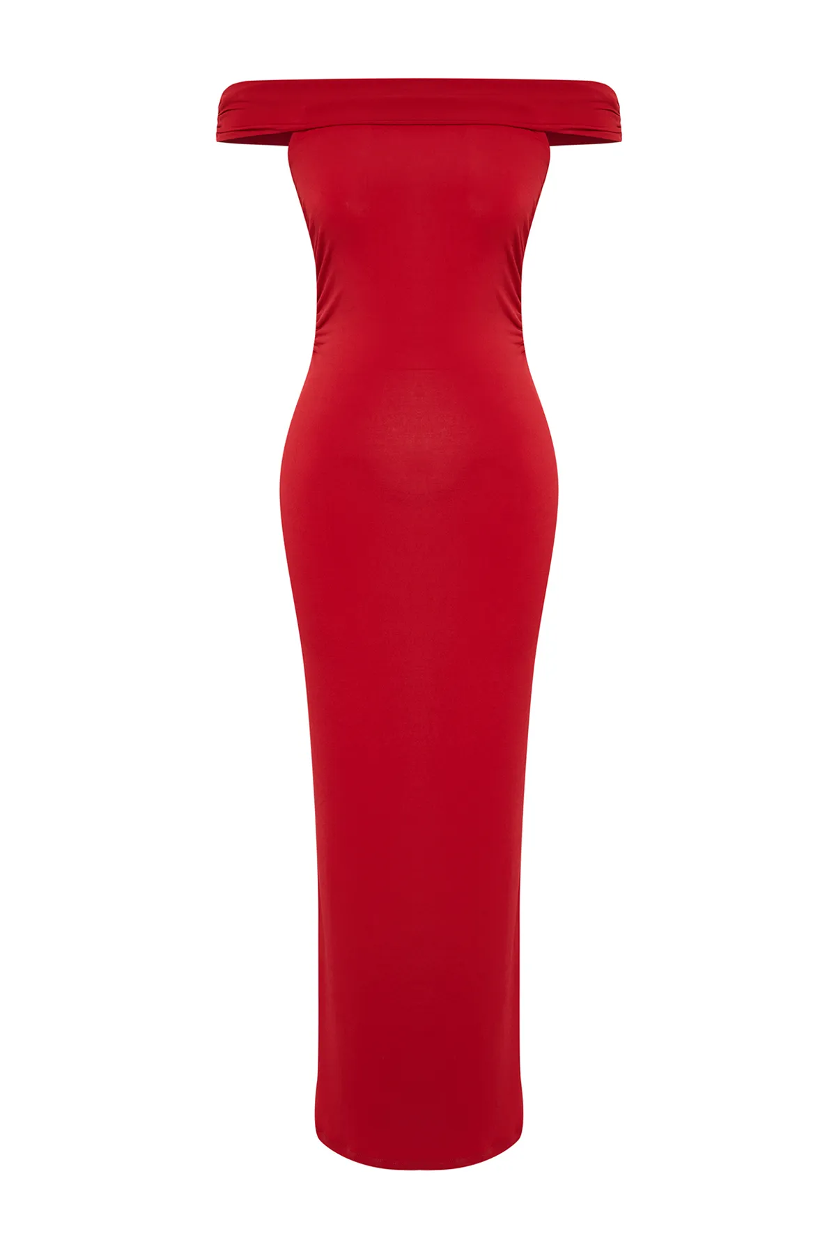Trendyol Collection  Rotes Maxi-Bleistiftkleid aus flexiblem Strick mit Carmen-Kragen und figurbetontem Carmen-Ausschnitt TWOSS24EL00254