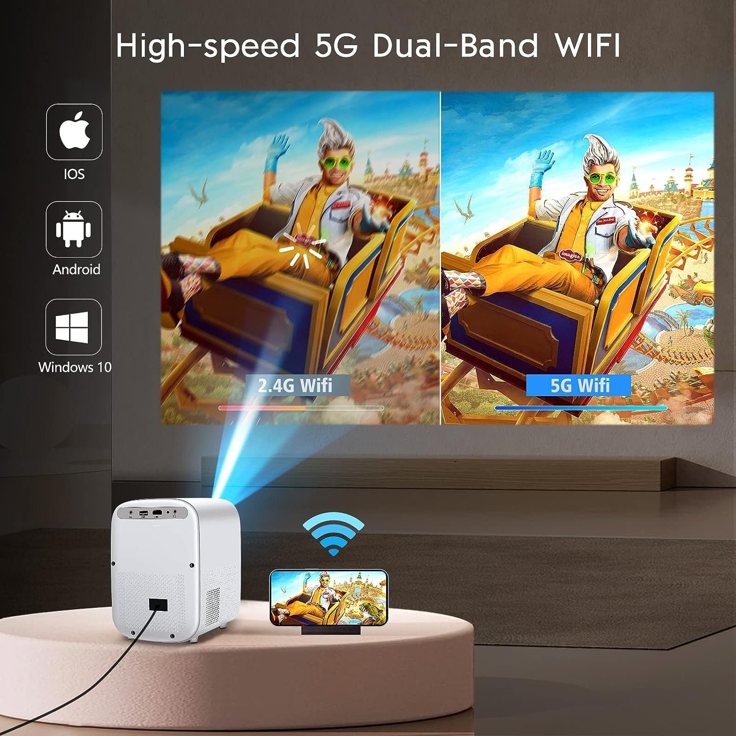 VGKE Portabler Projektor (1920x1080P px, Mini Beamer 5G WiFi Bluetooth, Heimkino Full HD PS4/X-Box/TV Stick/PC)