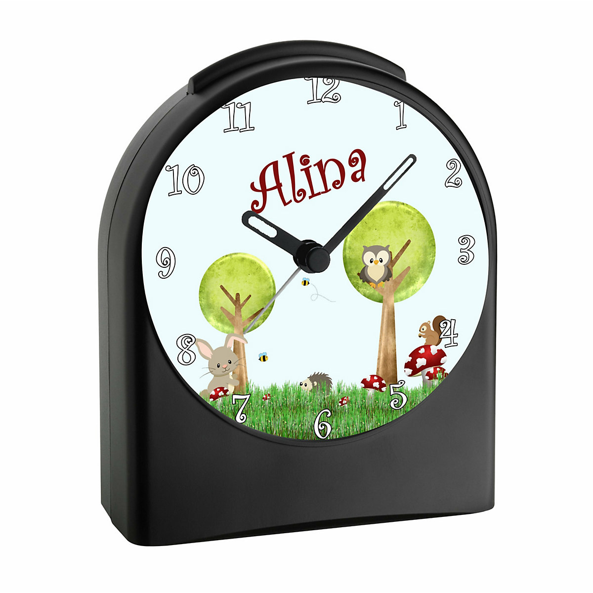 Kinder Funkwecker personalisiert mit Namen Waldwiese Atom-/Funkuhr, 12-Stunden-Anzeigeformat, Schlummerfunktion, Nachtlicht, Geräuschlos/Ohne Ticken
