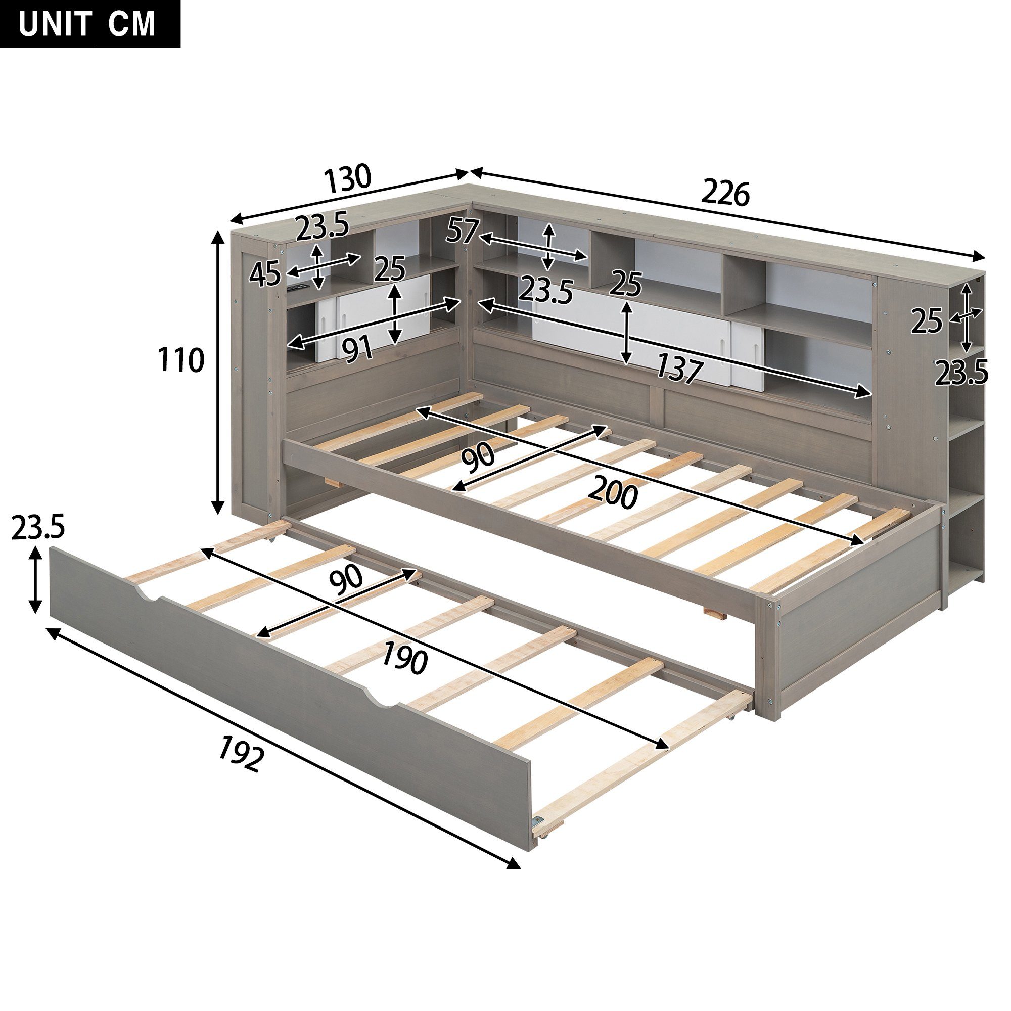 Flieks Massivholzbett, Holzbett 90x200cm mit Ladeanschluss/ Stauraum/ Ausziehbett 90x190cm