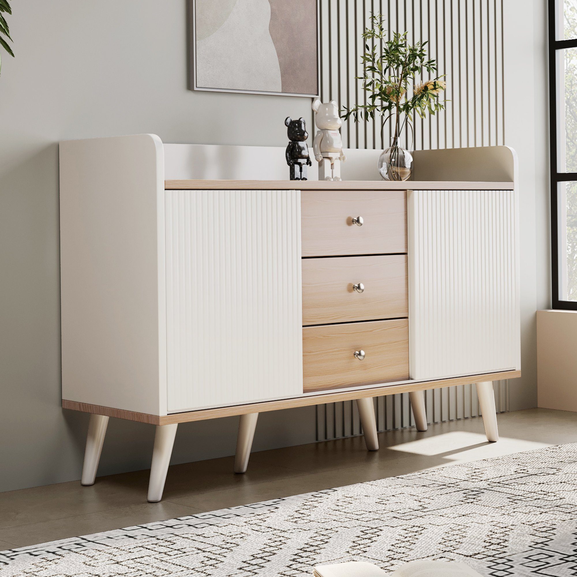 Merax Sideboard mit 3 Schubladen und 2 Schiebetüren, Kommode aus Holz mit verstellbaren Einlegeböden, B:117,5cm