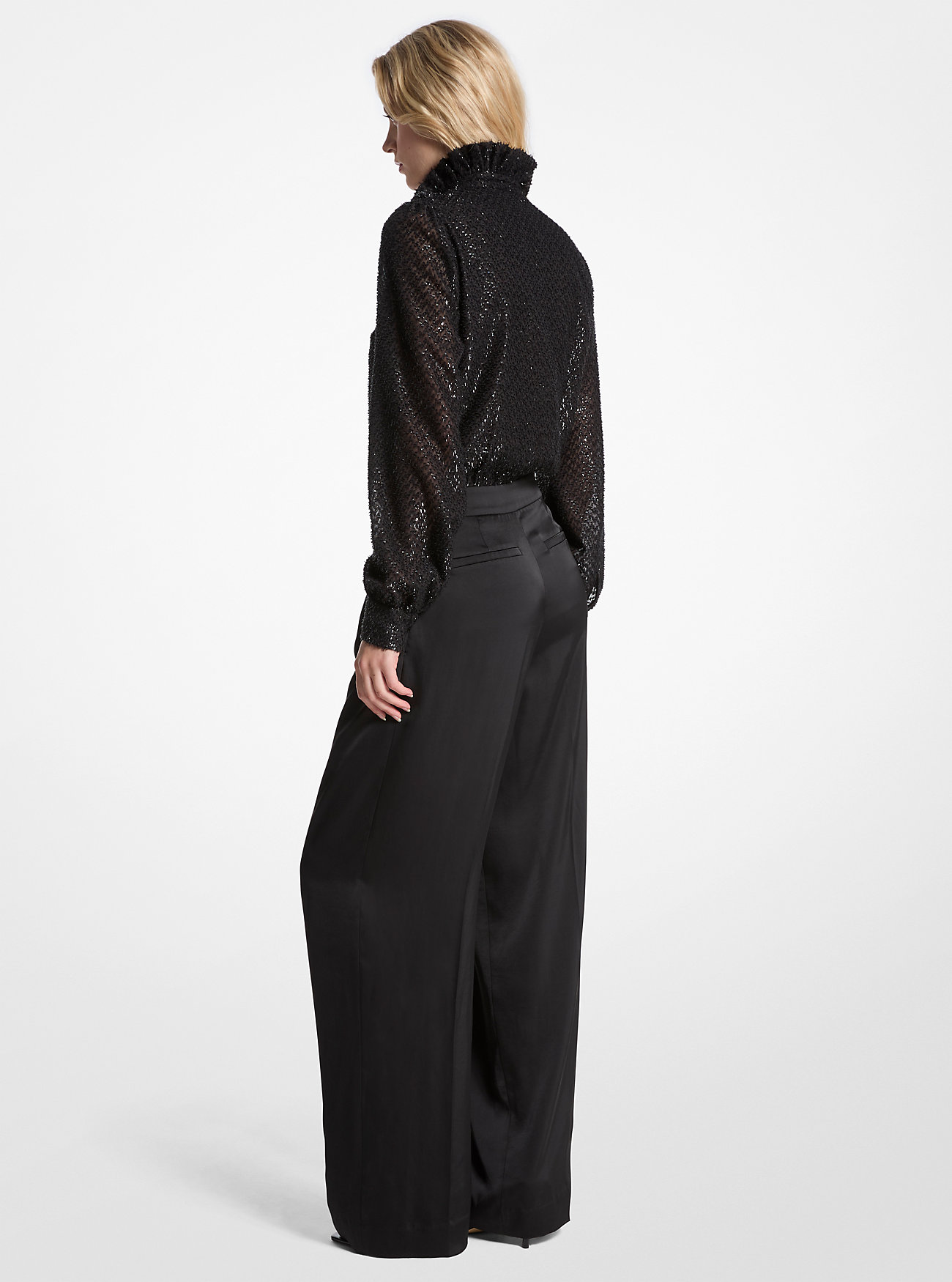 Metallic Clip Jacquard and Satin Tie-Neck Jumpsuit - BLACK